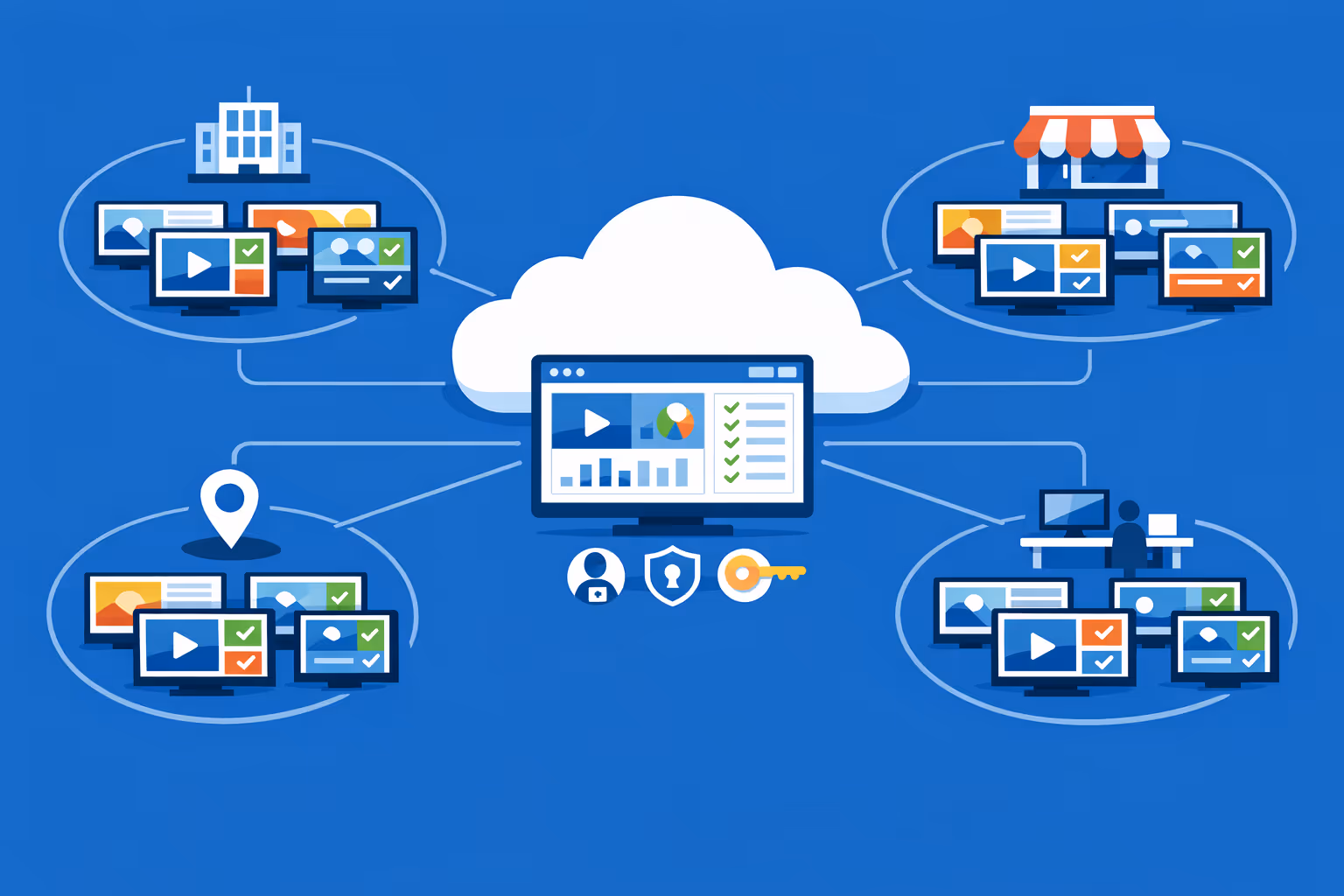 Großangelegte Innen-Werbung mit einem Netzwerk für affichage dynamique, das mehrere Organisationen segmentiert und tausende von Bildschirmen zeigt