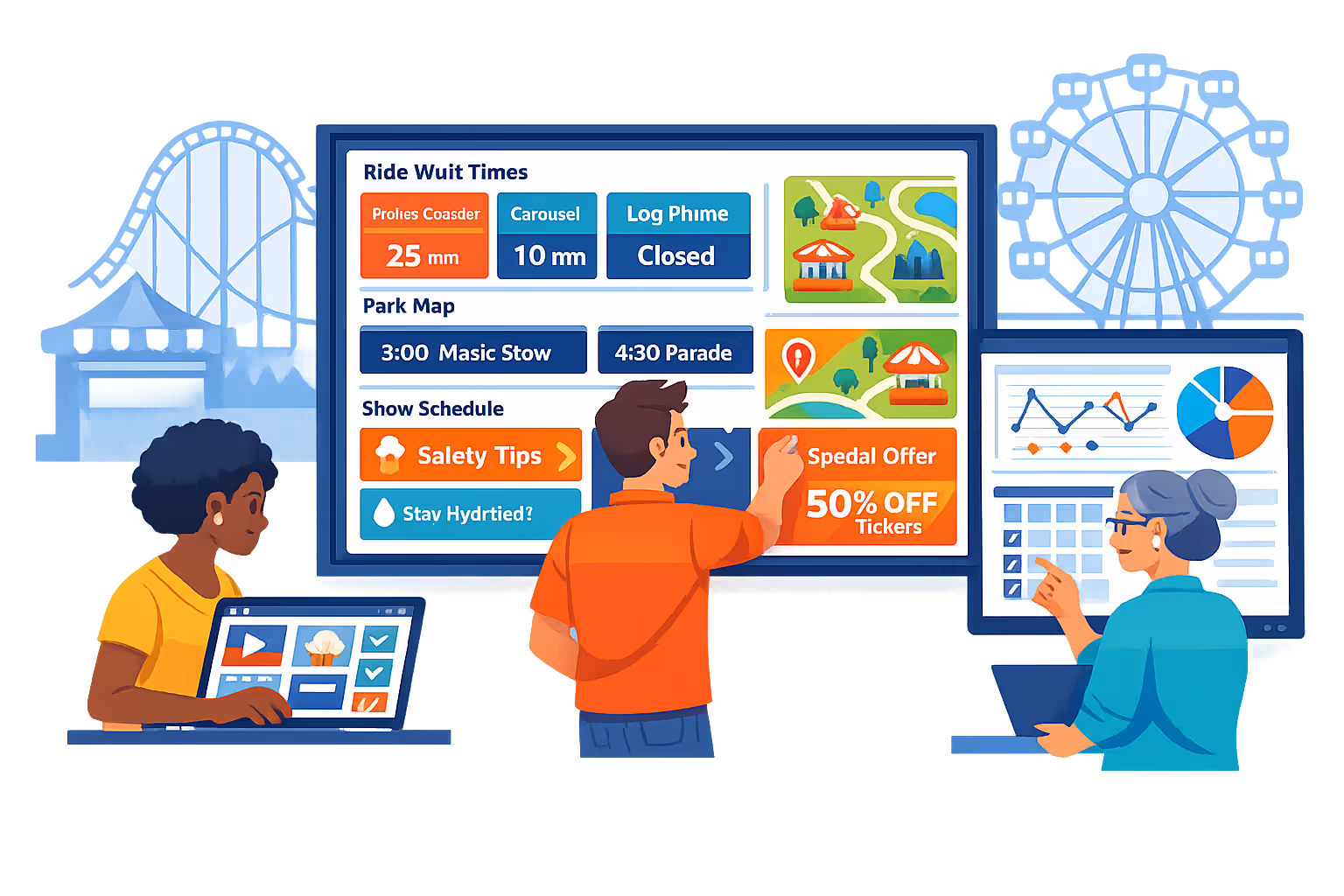 Disign amusement park digital signage setup and planning