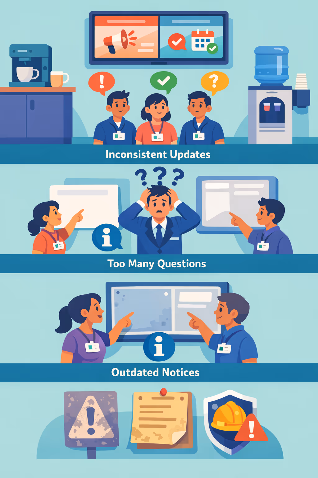 Breakroom digital signage challenges: inconsistent internal updates, missed safety notices, and outdated schedules across teams