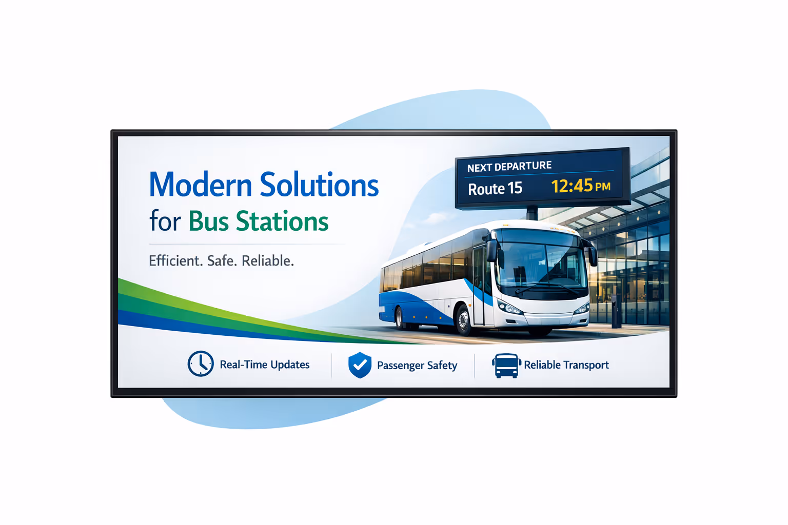 Bus station digital signage dashboard showing real time departures, platform updates, and centralized scheduling