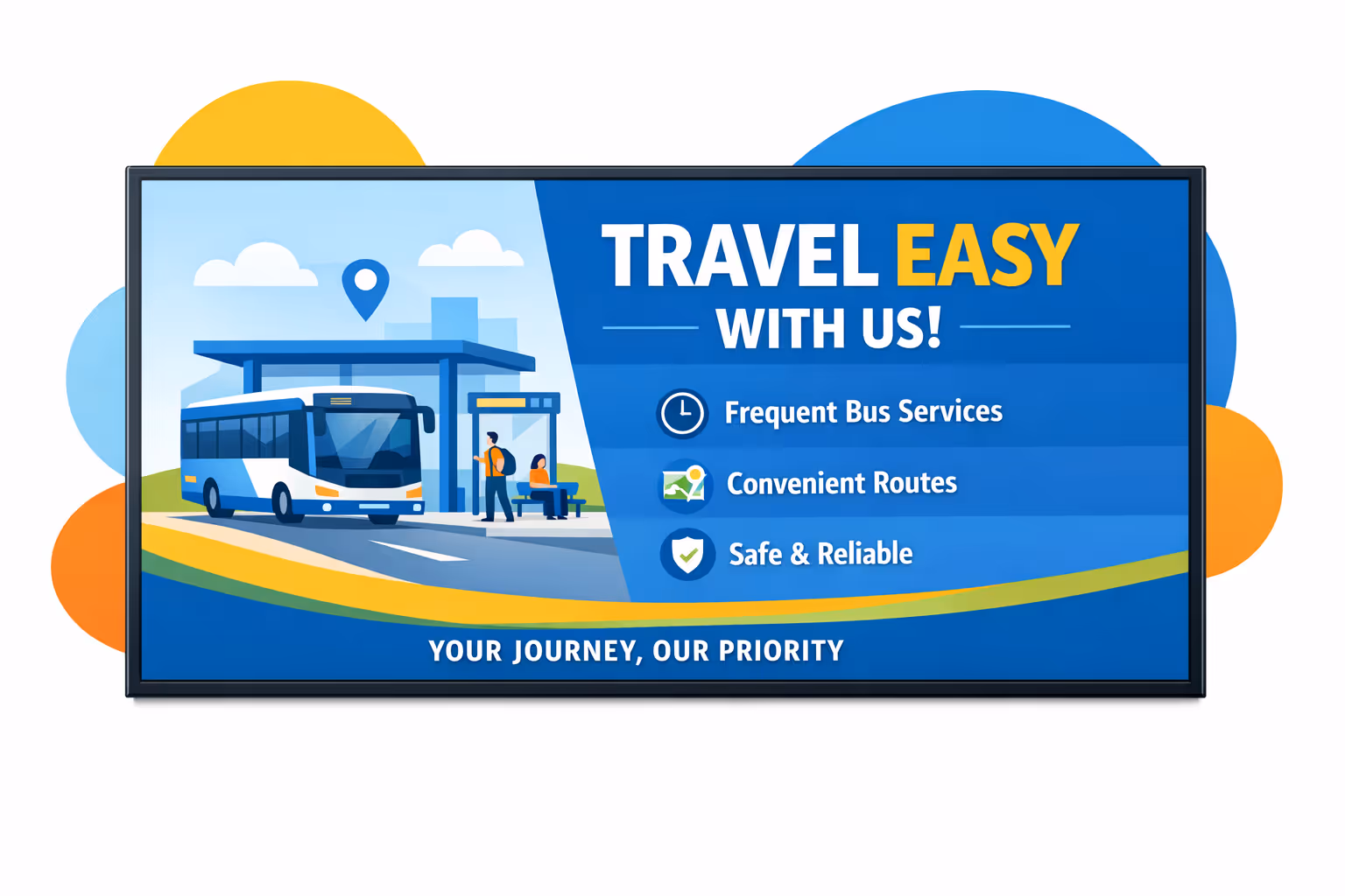Bus station digital signage showing departures and service alerts on a modern concourse, powered by Disign