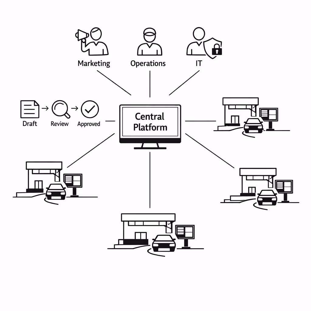 IT-Governance und Berechtigungen für das Management von Drive-Thru-Inhalten für digitale Beschilderung in Disign.