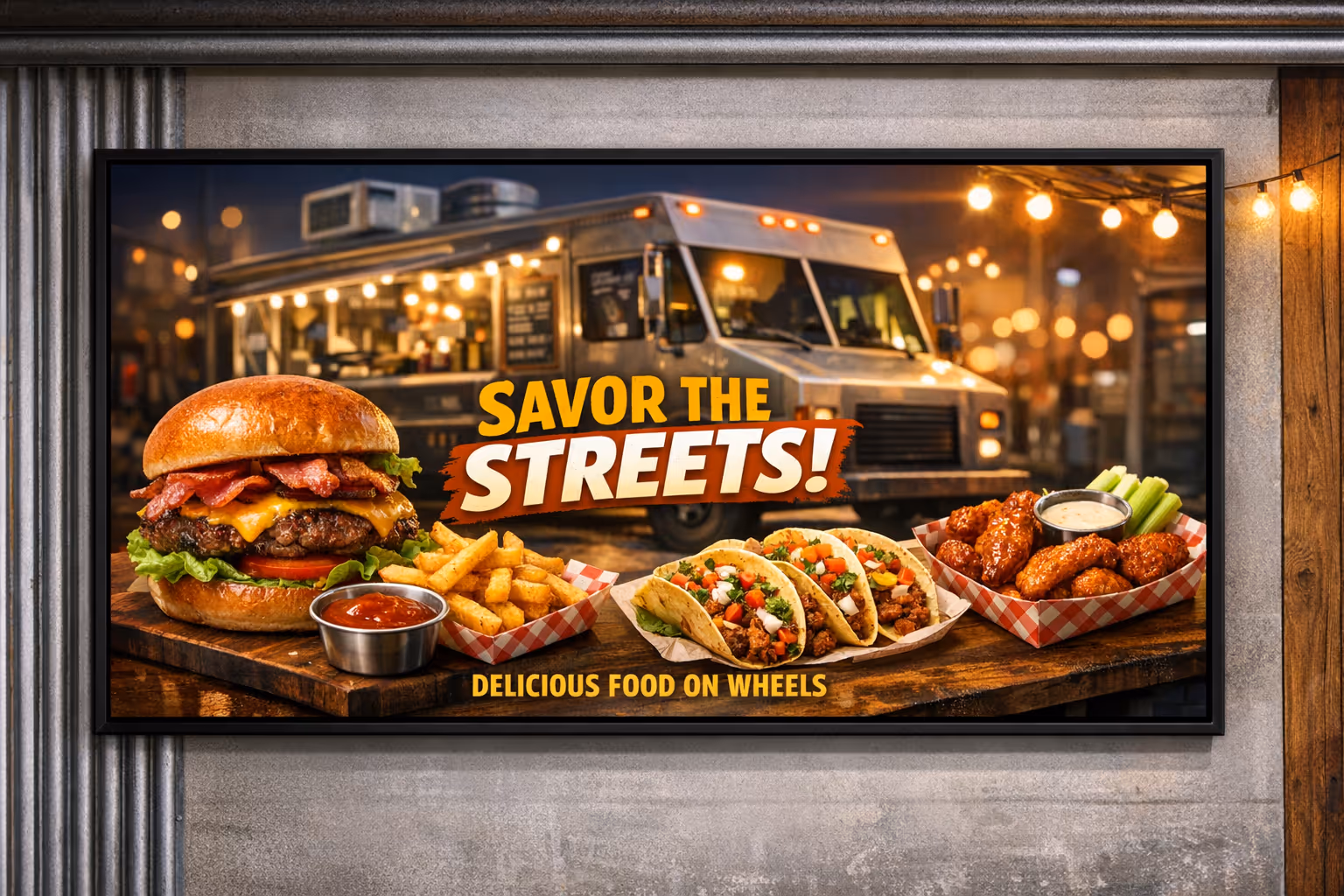Food truck digital signage with Disign showing live menu, prices, and order updates