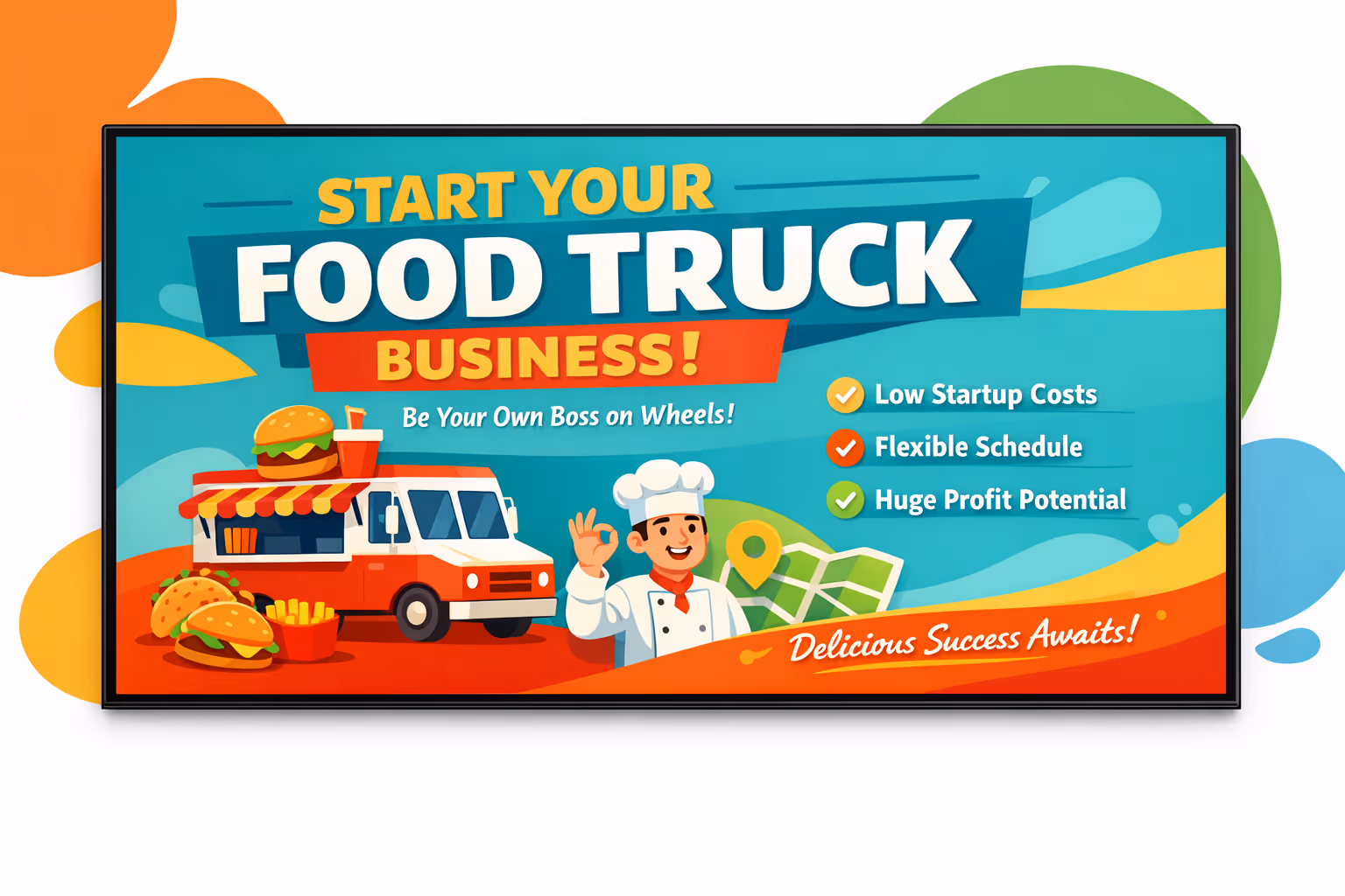 Food truck digital signage menu board on a service window powered by Disign