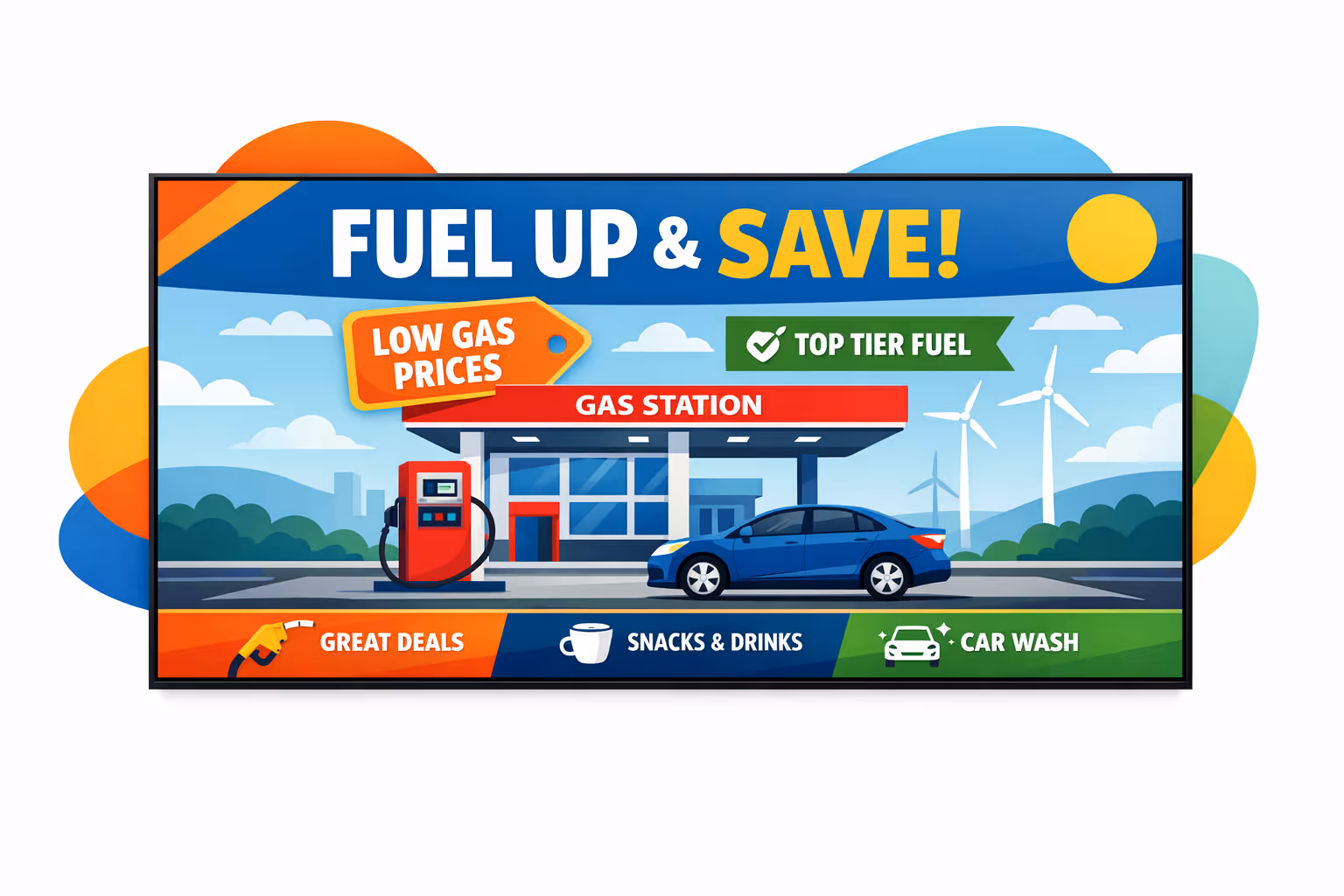 Gas station digital signage screen powered by Disign showing fuel prices and in-store promotions