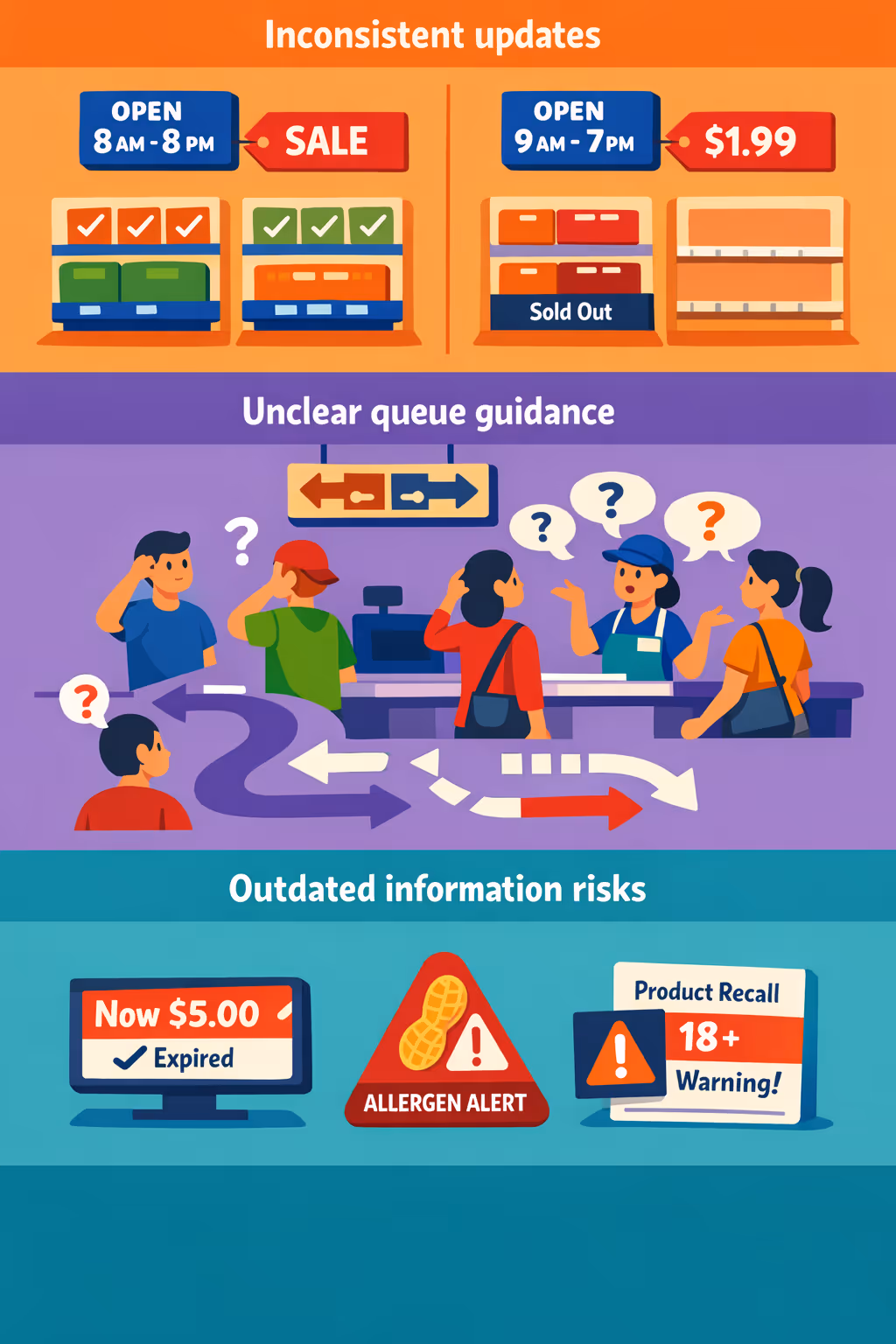 Grocery store digital signage challenges in a branch: unclear queue guidance, inconsistent service updates, and outdated customer information