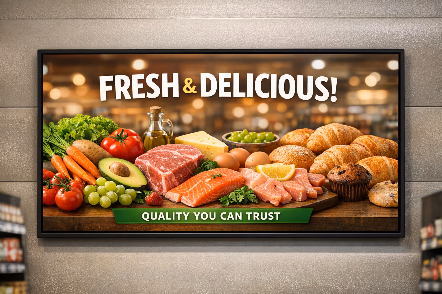 Grocery store digital signage showing promotions, prices, and updates on in-store screens with Disign