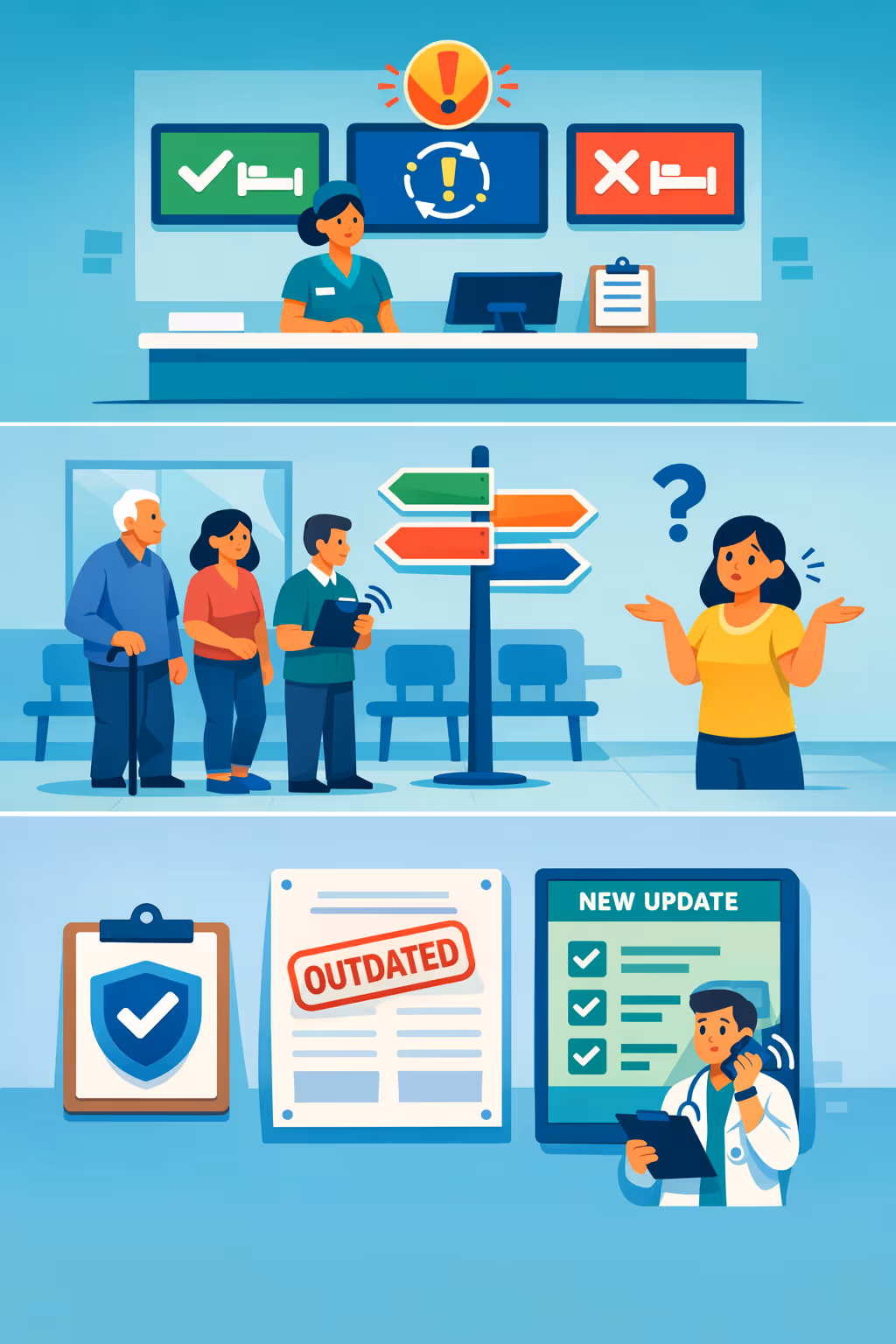 Hospital digital signage challenges: unclear wayfinding, inconsistent department updates, and outdated patient information