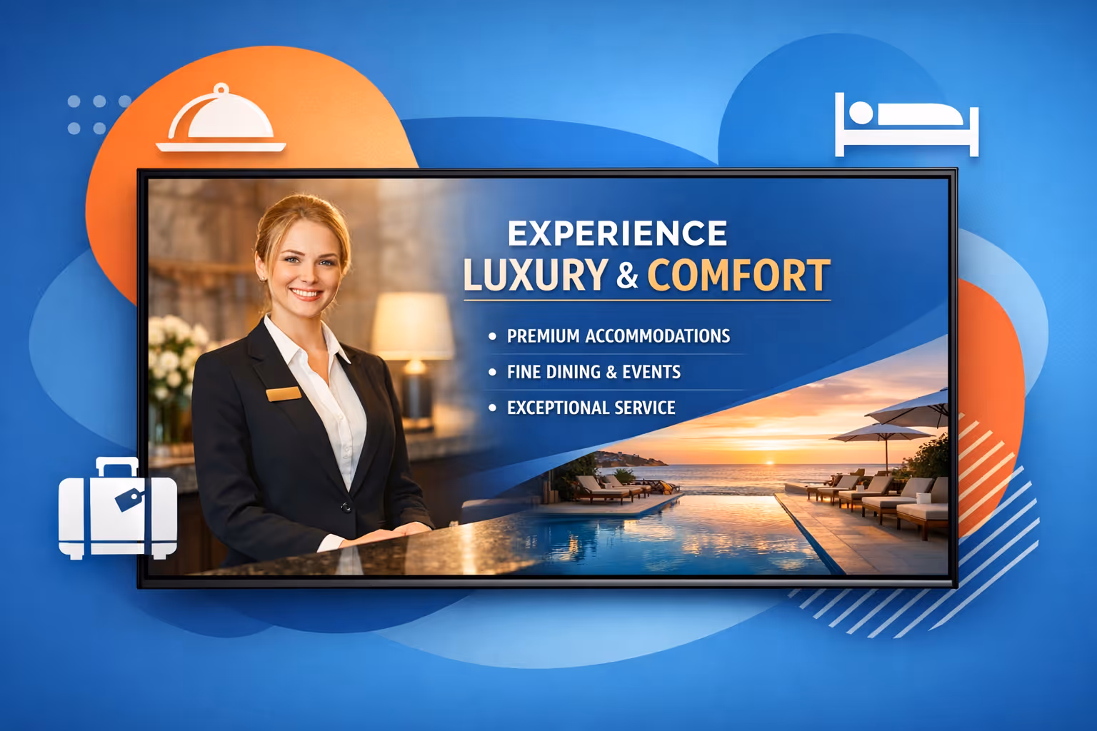 Hospitality affichage dynamique Bildschirme in einer Hotellobby, die mit Disign verwaltet werden.