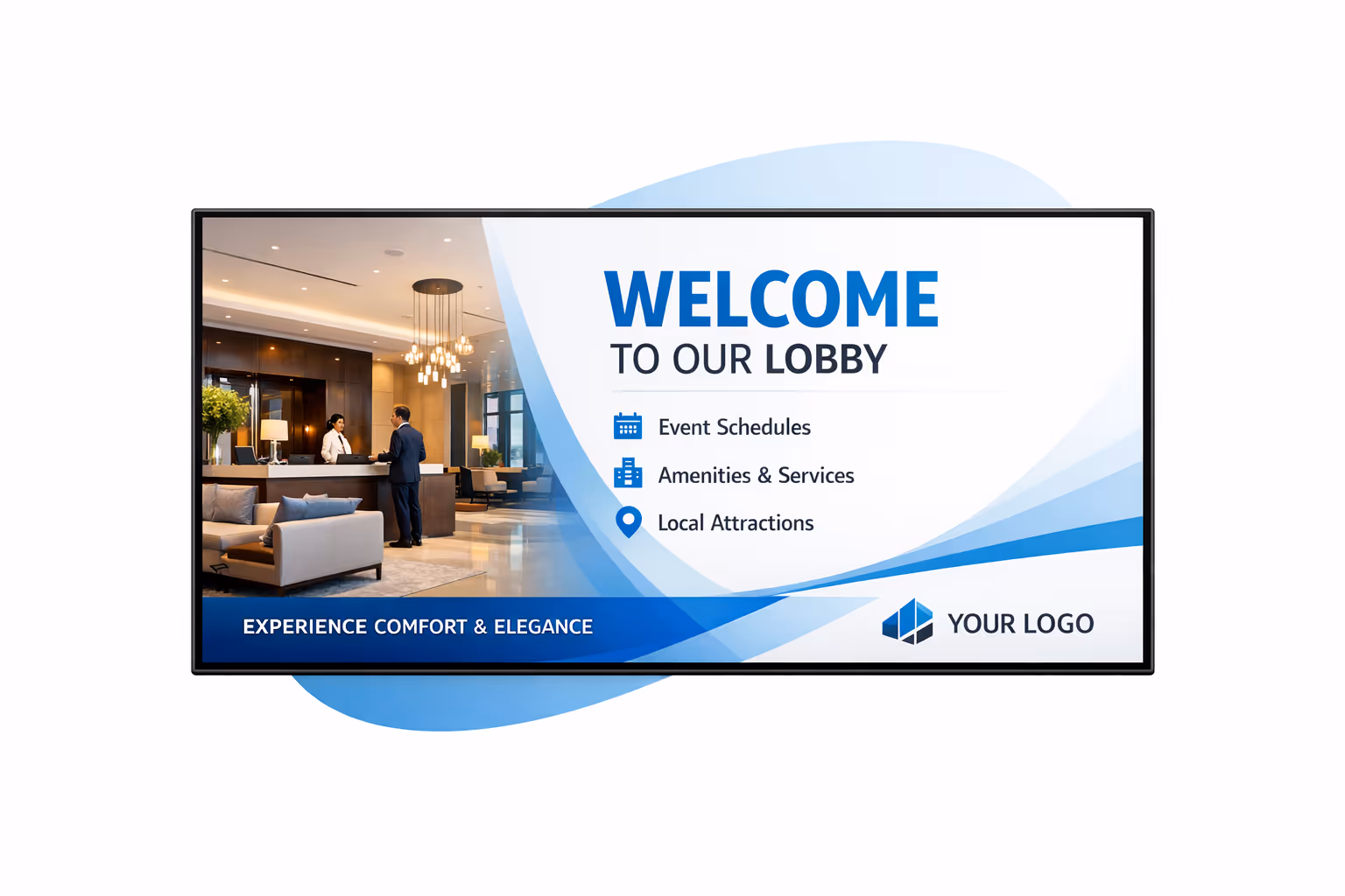 Lobby digital signage dashboard showing scheduling, approvals, and multi site screen management