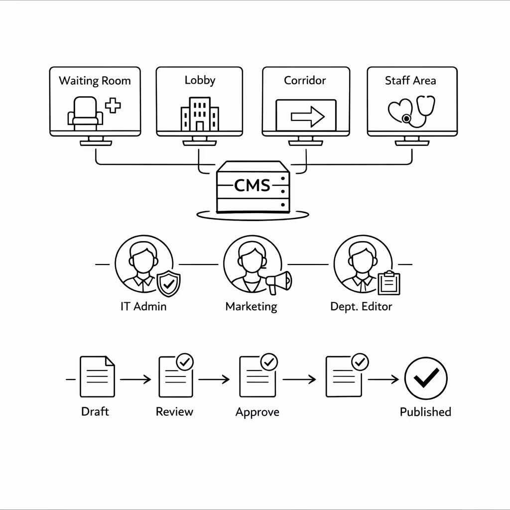 Z centralized Content-Berechtigungen für die digitale Beschilderung von Medizinischen Zentren, verwaltet mit Disign