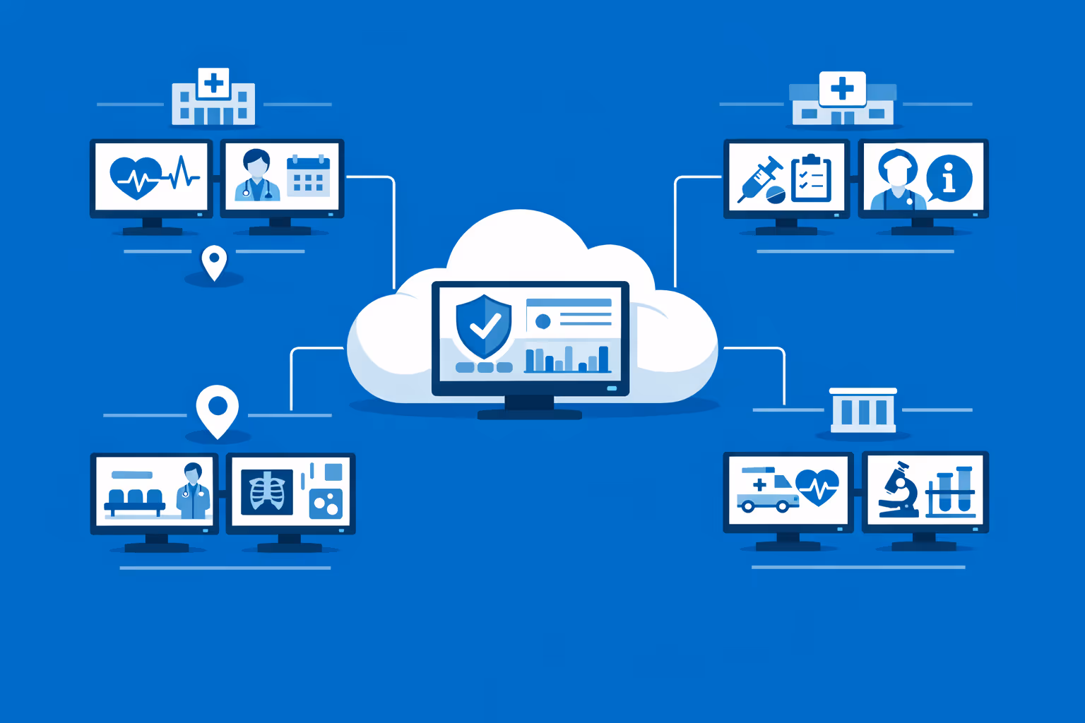Digitale Beschilderung in medizinischen Zentren, skaliert auf Tausende von Bildschirmen und mehreren Organisationen, mit Segmentierung nach Einrichtung, Region und Zielgruppe