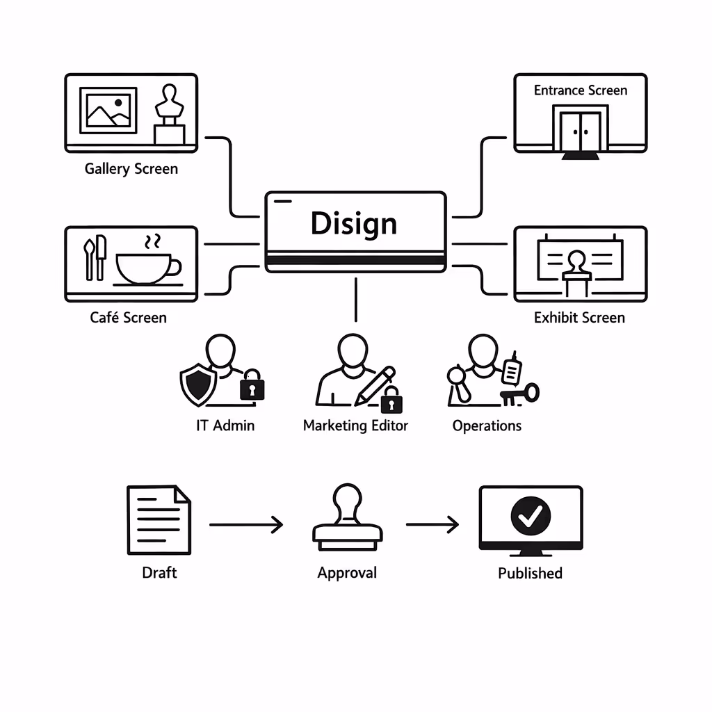 Zentralisierte Berechtigungen für digitales signage in Museen in Disign