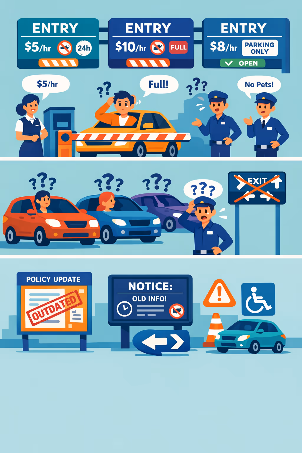 Parking digital signage challenges on site: unclear wayfinding, changing rates and rules, and inconsistent messages across entrances and payment points
