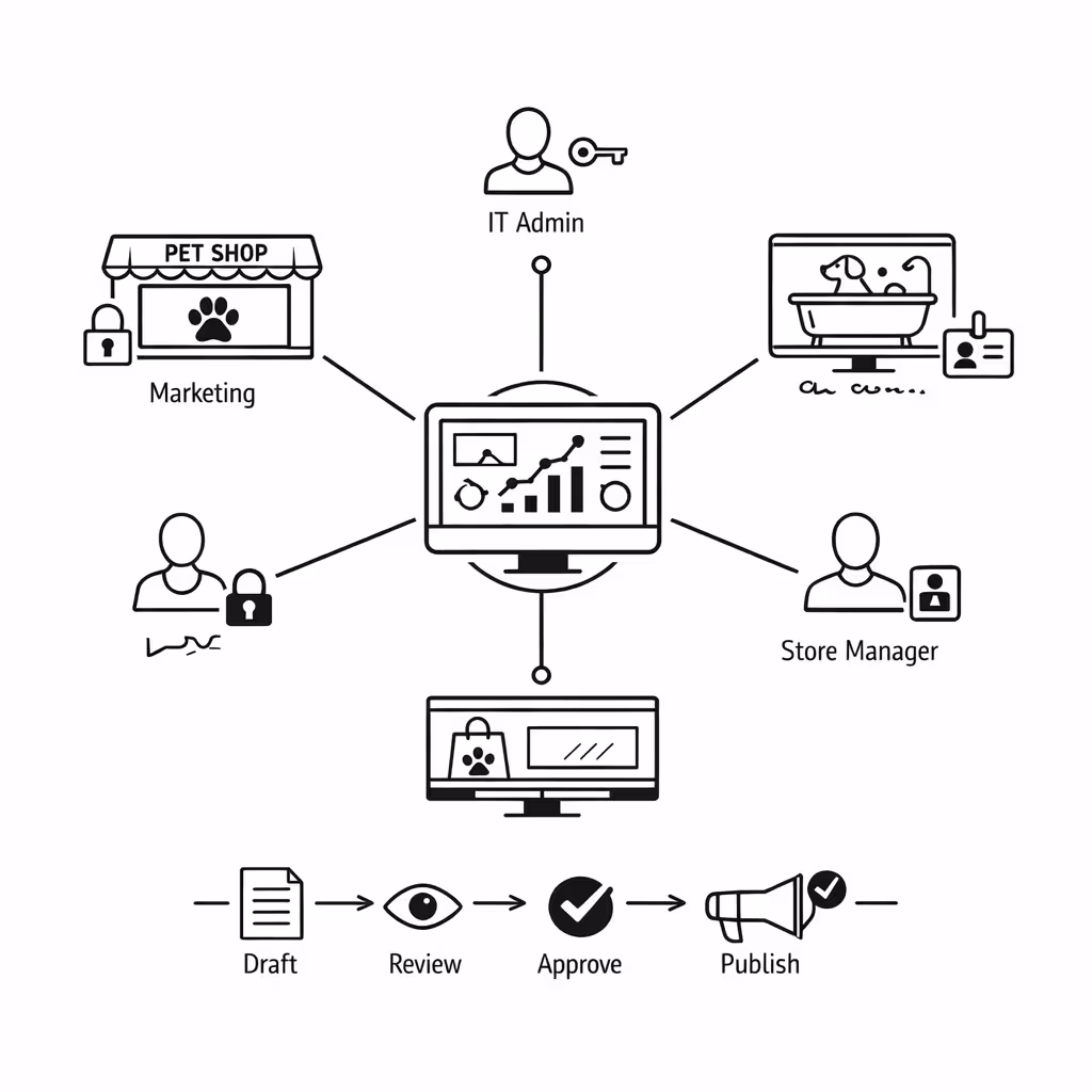 Zentralisierte Berechtigungen und Genehmigungen für digitale Beschilderung in Tierhandlungen mit Disign