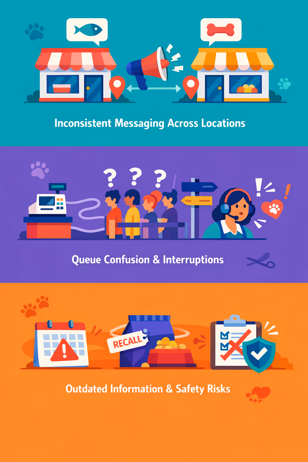 Pet store digital signage challenges in a store: unclear queue guidance, inconsistent service updates, and outdated customer information