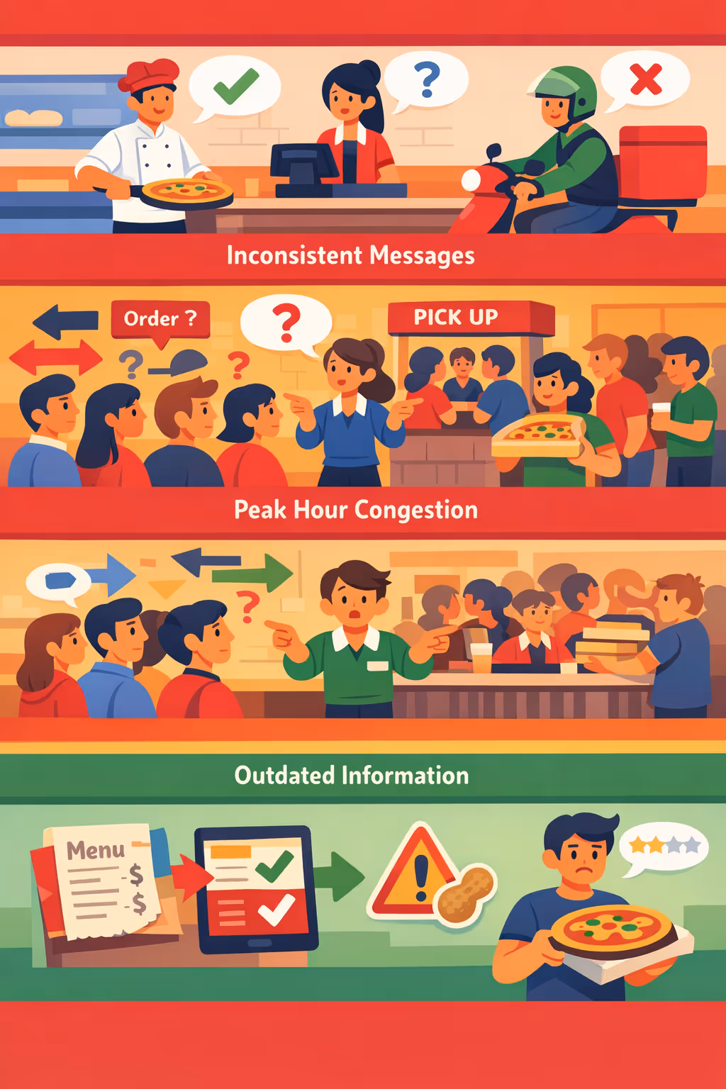 Pizzeria digital signage challenges in a branch: unclear queue flow, inconsistent menu updates, and missed pickup instructions