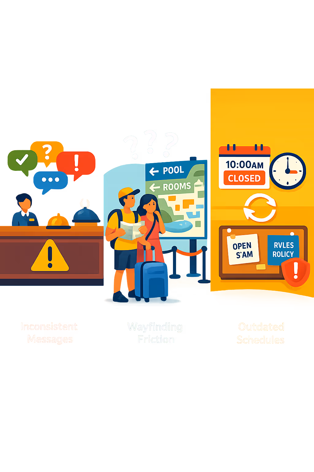 Resort digital signage challenges: unclear wayfinding, inconsistent activity schedules, and outdated guest information across the property