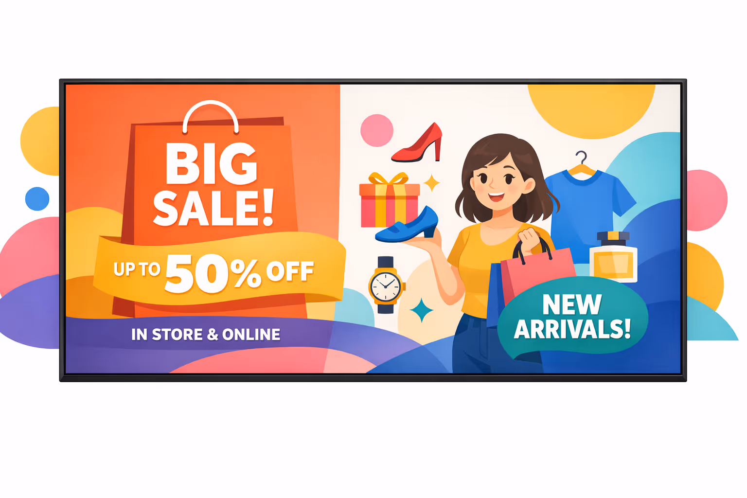 Retail digital signage in a modern store showcasing promotions and product highlights powered by Disign