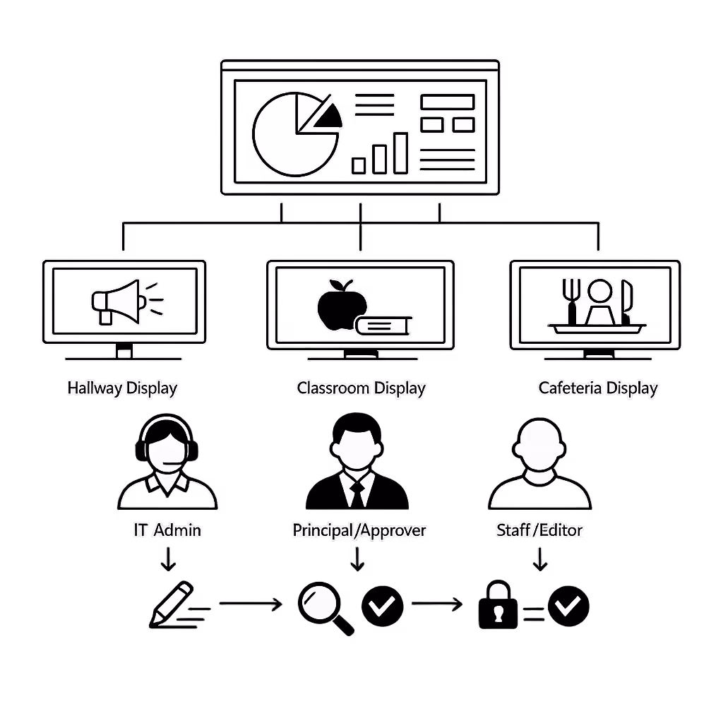 Zentrale Berechtigungen und Genehmigungen für digitales signage in Schulen, unterstützt von Disign