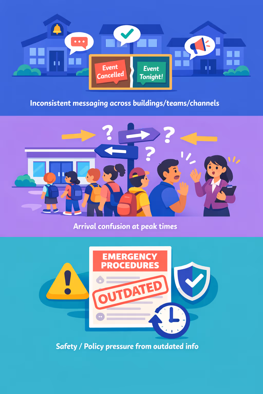 School digital signage challenges: unclear arrival instructions, inconsistent announcements, and outdated campus information