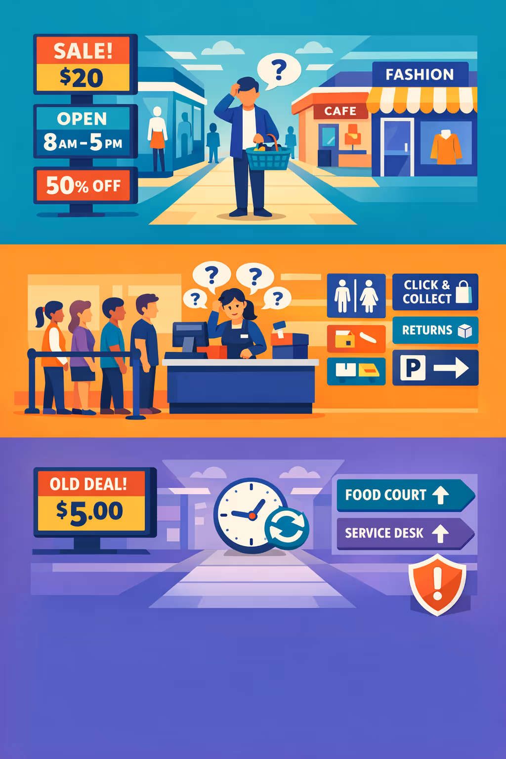 Challenges for supermarket and shopping mall digital signage: inconsistent store messaging, unclear wayfinding, outdated promotions, and delayed operational updates