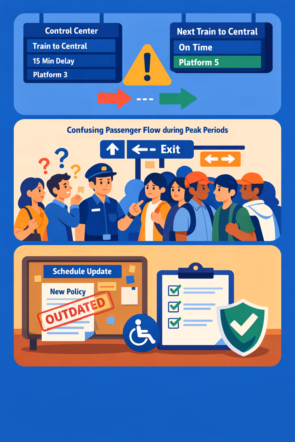 Transportation digital signage communication challenges: unclear wayfinding, inconsistent service updates, and outdated passenger information