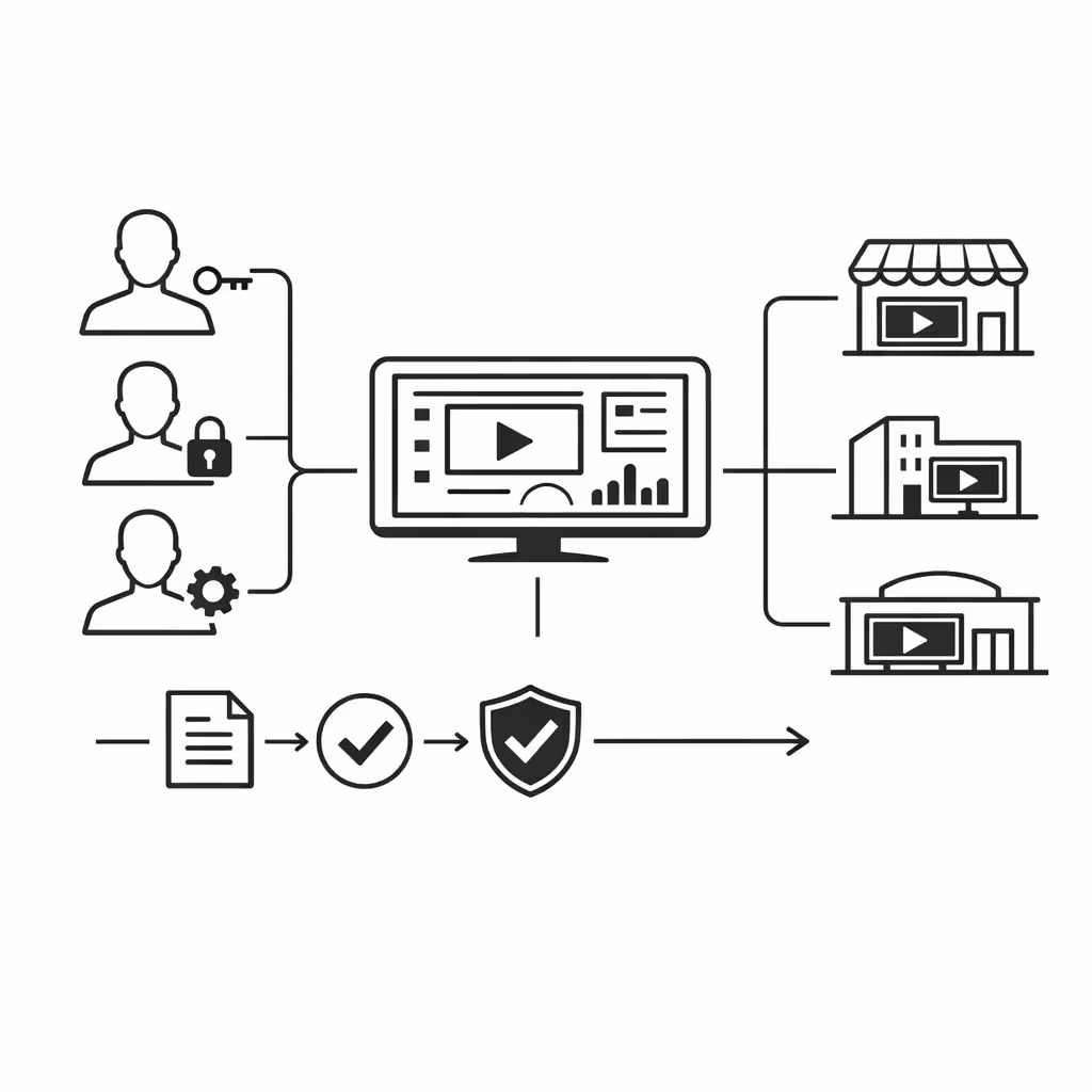 Centralized permissions and approvals for advertising indoor digital signage in Disign