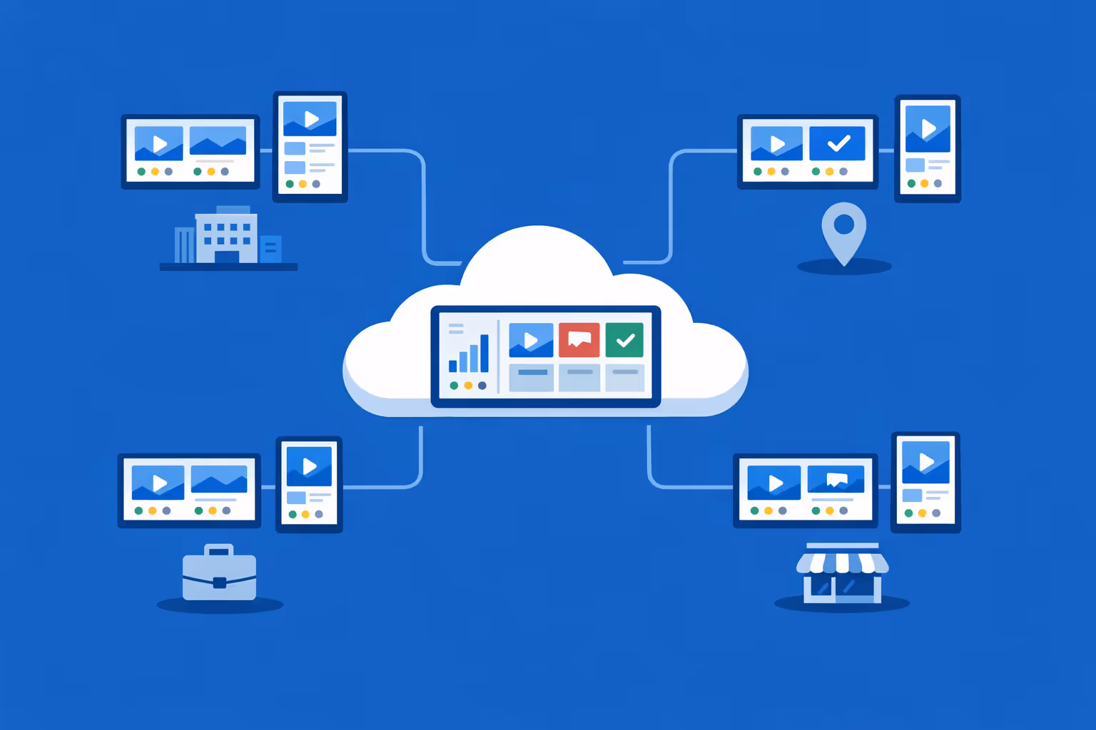 Advertising digital signage network with thousands of screens segmented by brand, region, and organization from one account