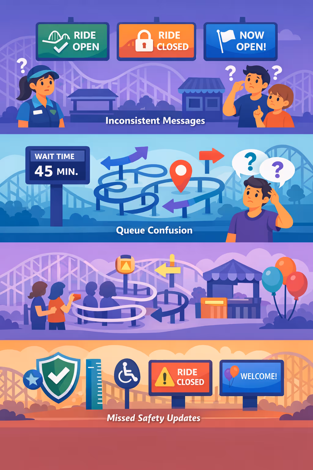 Amusement park digital signage challenges: changing wait times, ride closures, safety rules, and confusing queue directions