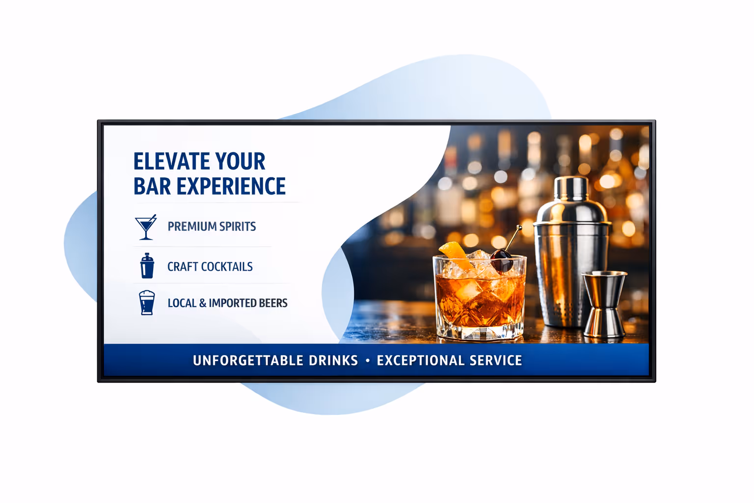 Bar digital signage dashboard showing menu scheduling, happy hour automation, and multi-location screen control