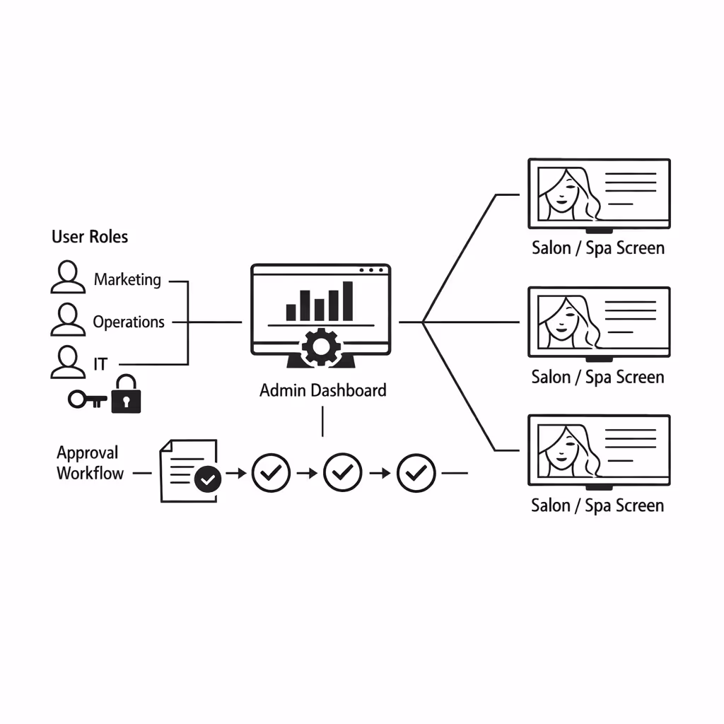 Centralized content management permissions for beauty industry digital signage with Disign