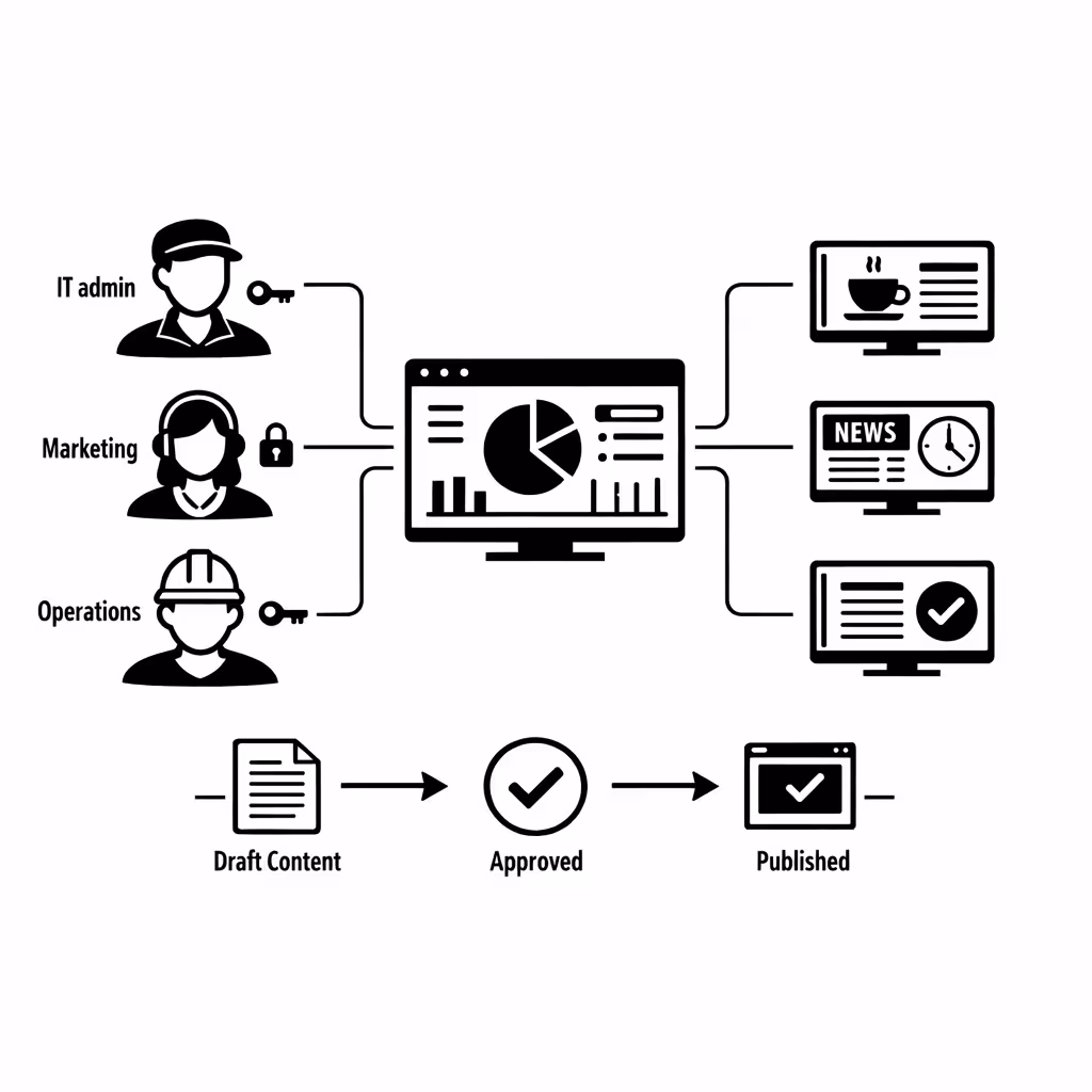 Centralized permissions and approvals for breakroom digital signage in Disign