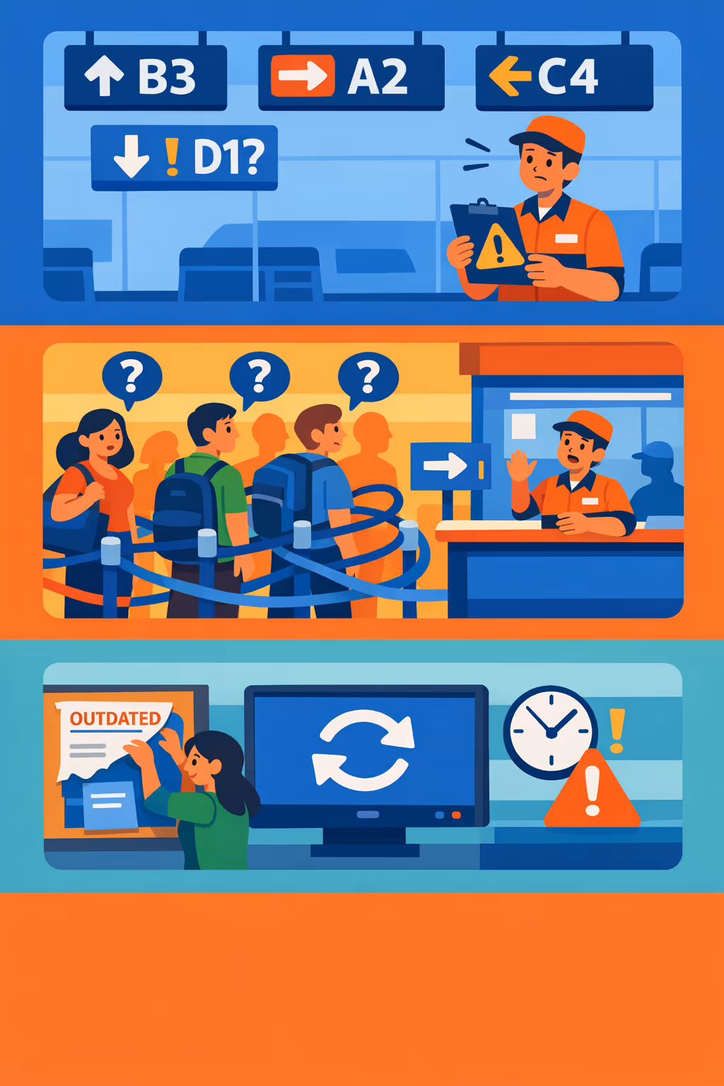Bus station digital signage challenges: unclear queue guidance, inconsistent service updates, and outdated passenger information