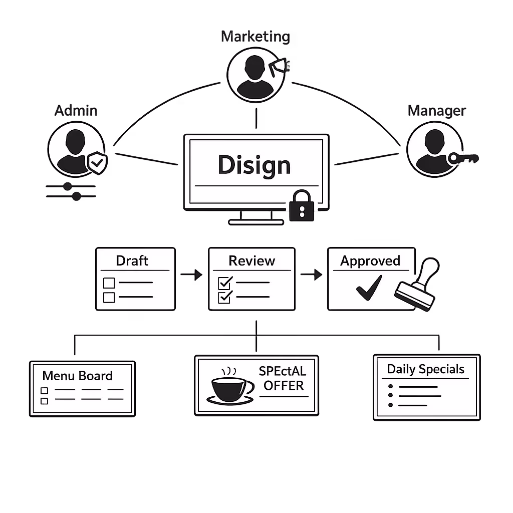 Cafe digital signage content permissions and approvals in Disign