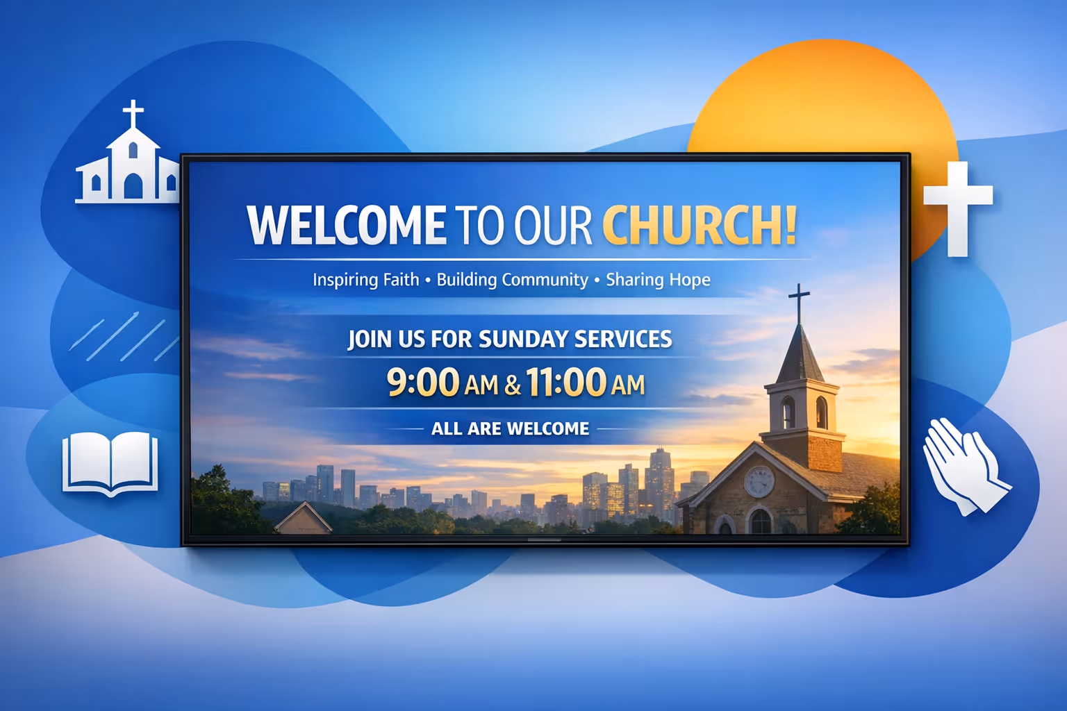 Church digital signage screens displaying announcements and service information powered by Disign