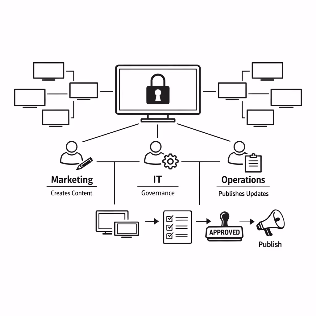 Centralized permissions and approvals for corporate digital signage in Disign