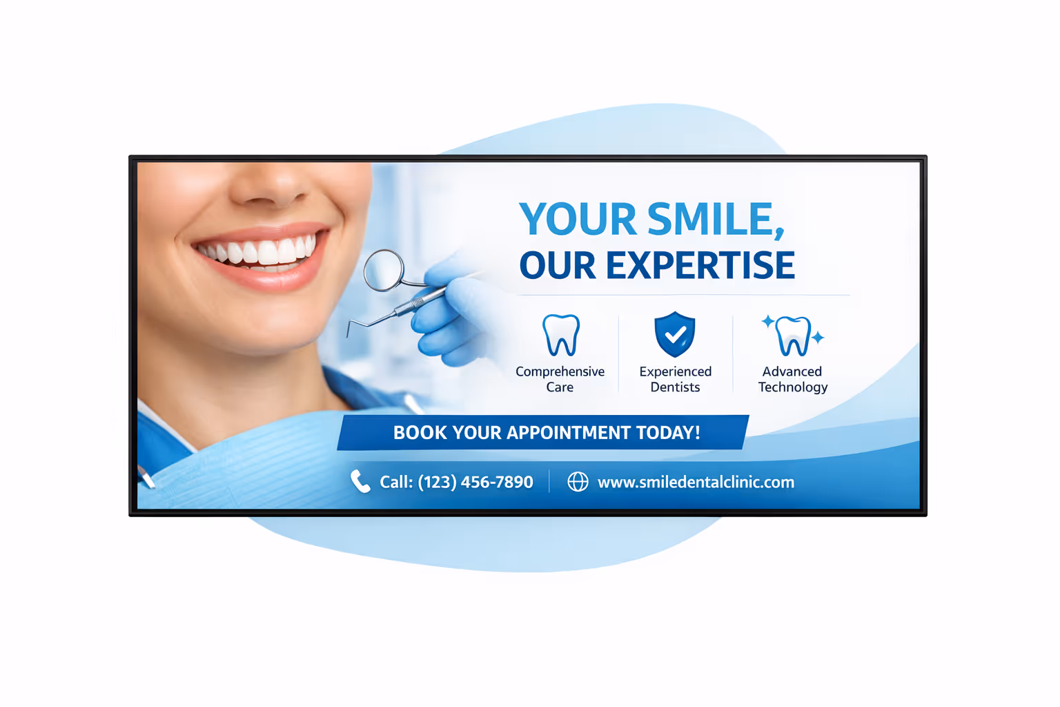 Dental digital signage dashboard showing scheduling, device monitoring, and multi clinic content control