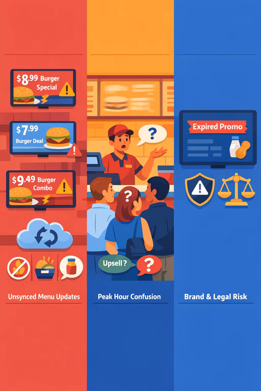 Digital menu digital signage challenges in a restaurant: inconsistent pricing, unclear promotions, out of stock items, and delayed updates across locations
