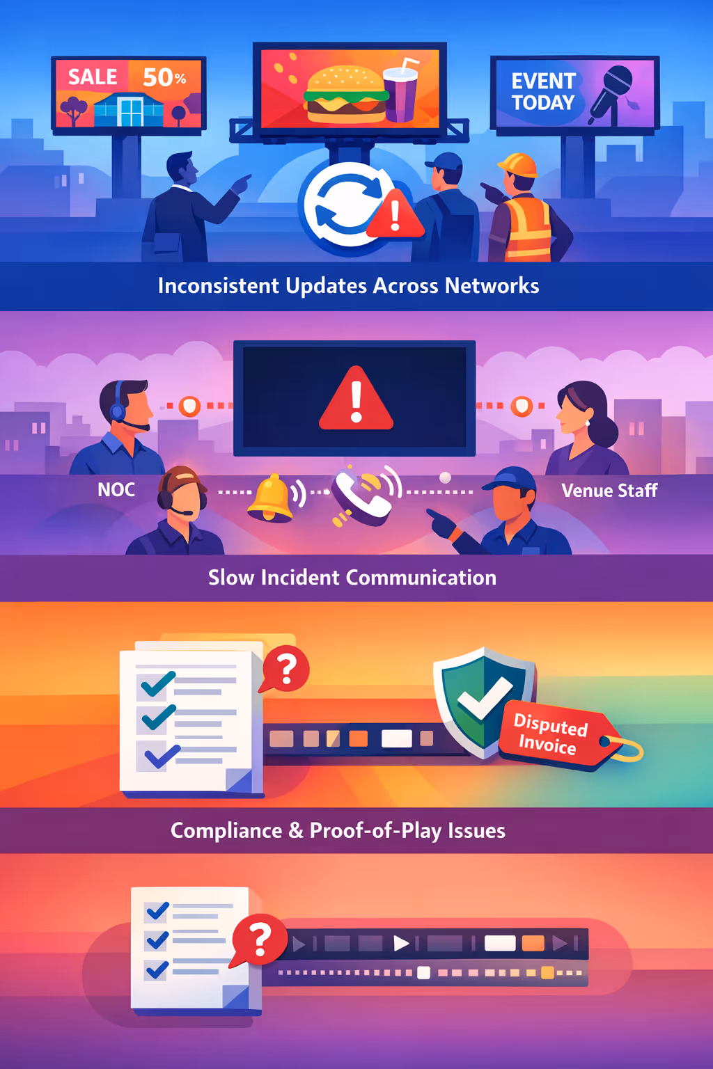 Digital out of home dooh digital signage challenges: inconsistent content updates, proof of play gaps, and communication breakdown between operations, sales, and field teams