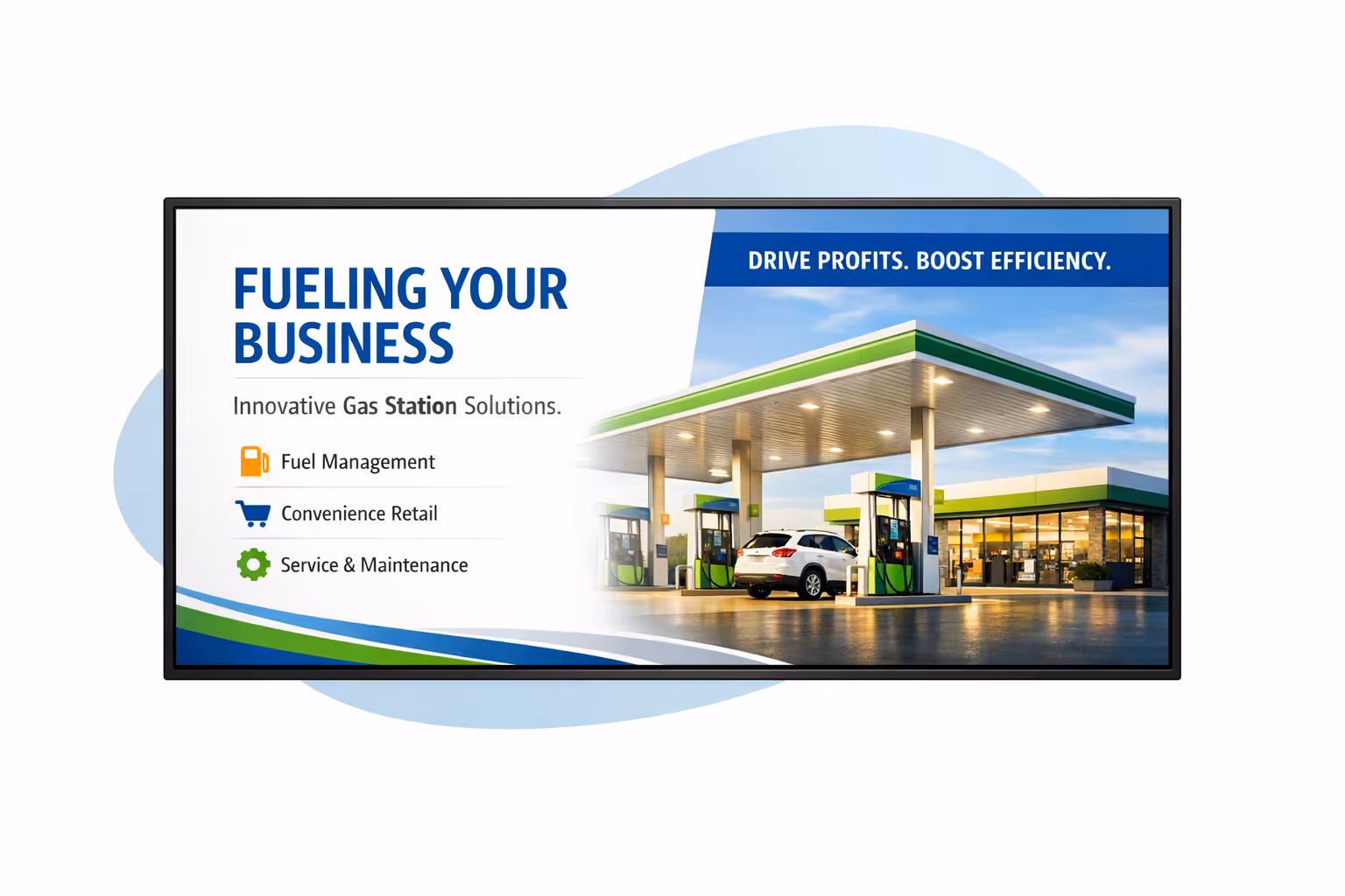 Gas station digital signage dashboard showing scheduling, device monitoring, and multi-location content control