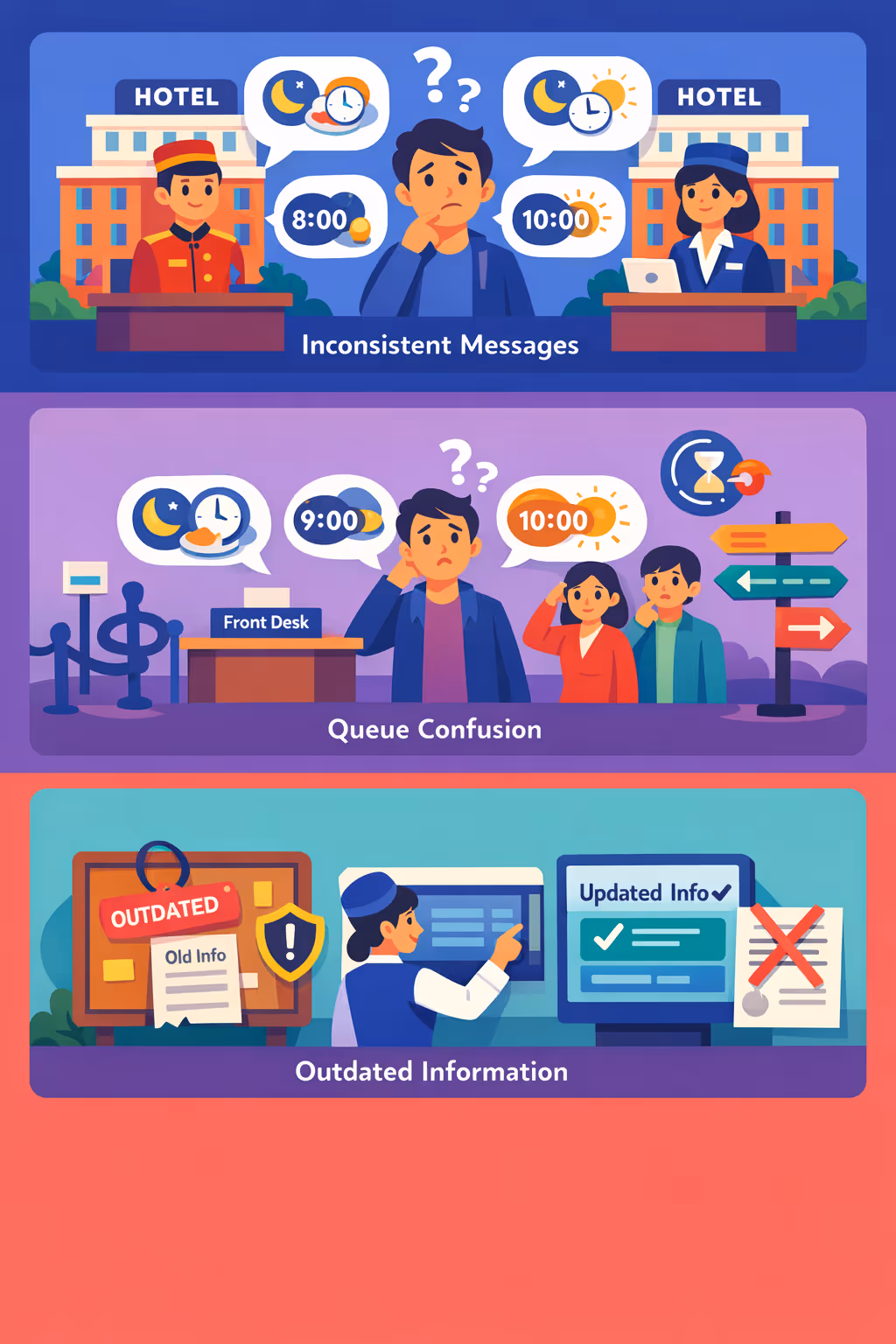 Hospitality digital signage challenges across locations: inconsistent guest messaging, unclear queue guidance, and outdated on site information