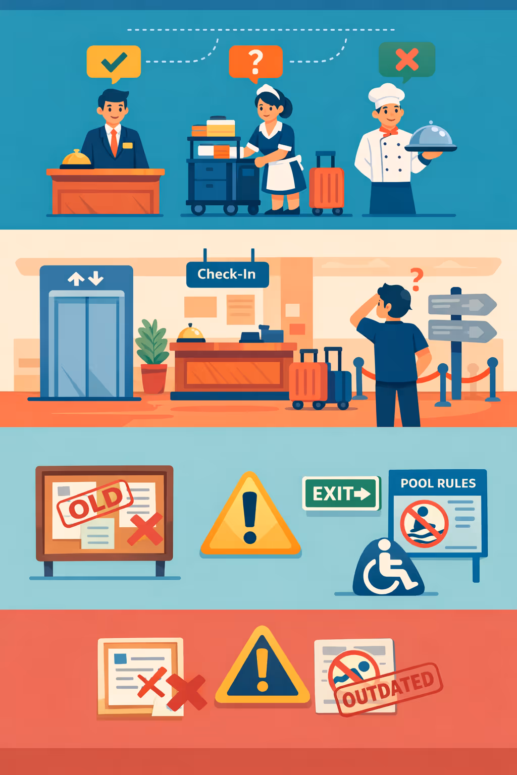 Hotel digital signage challenges: inconsistent guest information, unclear directions in the lobby, and outdated notices affecting the guest experience