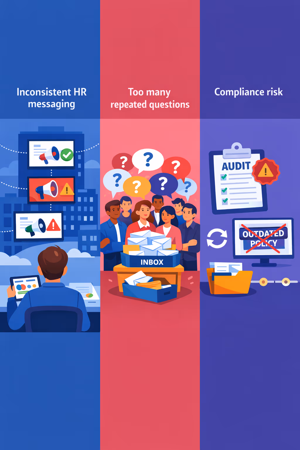 hr digital signage challenges: inconsistent HR updates across locations, unclear onboarding guidance, and outdated policy communications