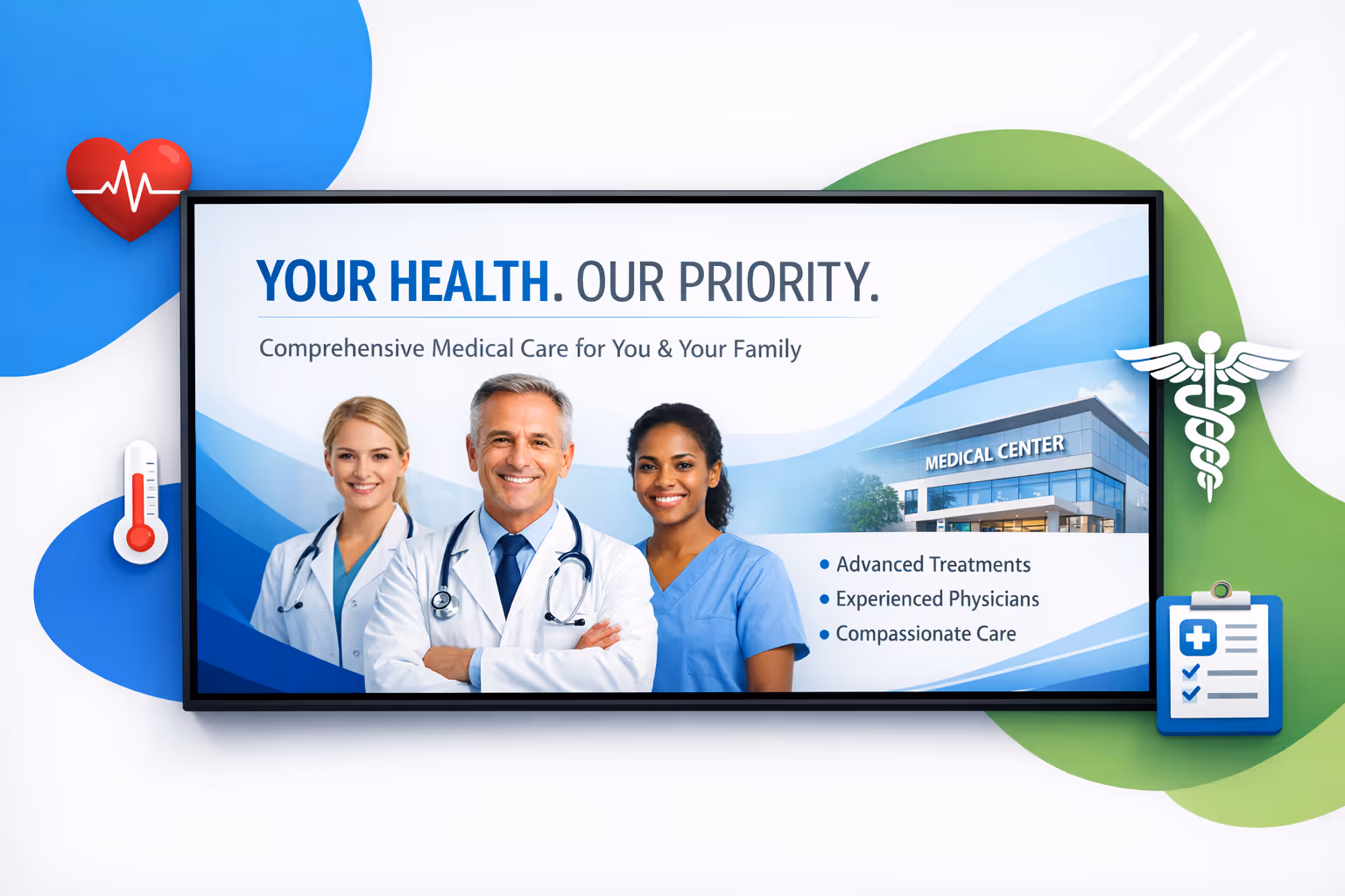 Medical center digital signage screens in a waiting area powered by Disign