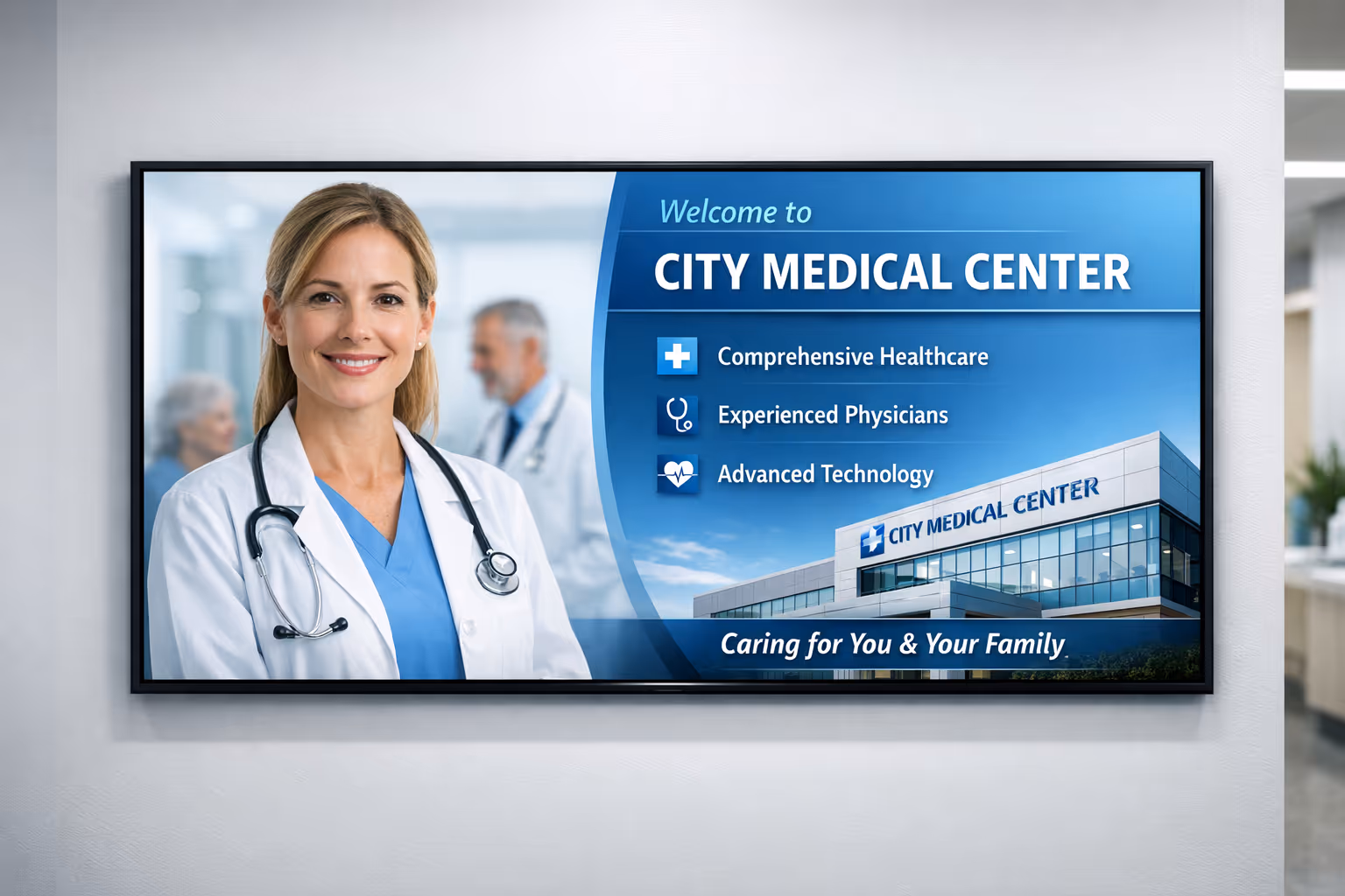 Medical center digital signage on secure waiting room and hallway screens with Disign