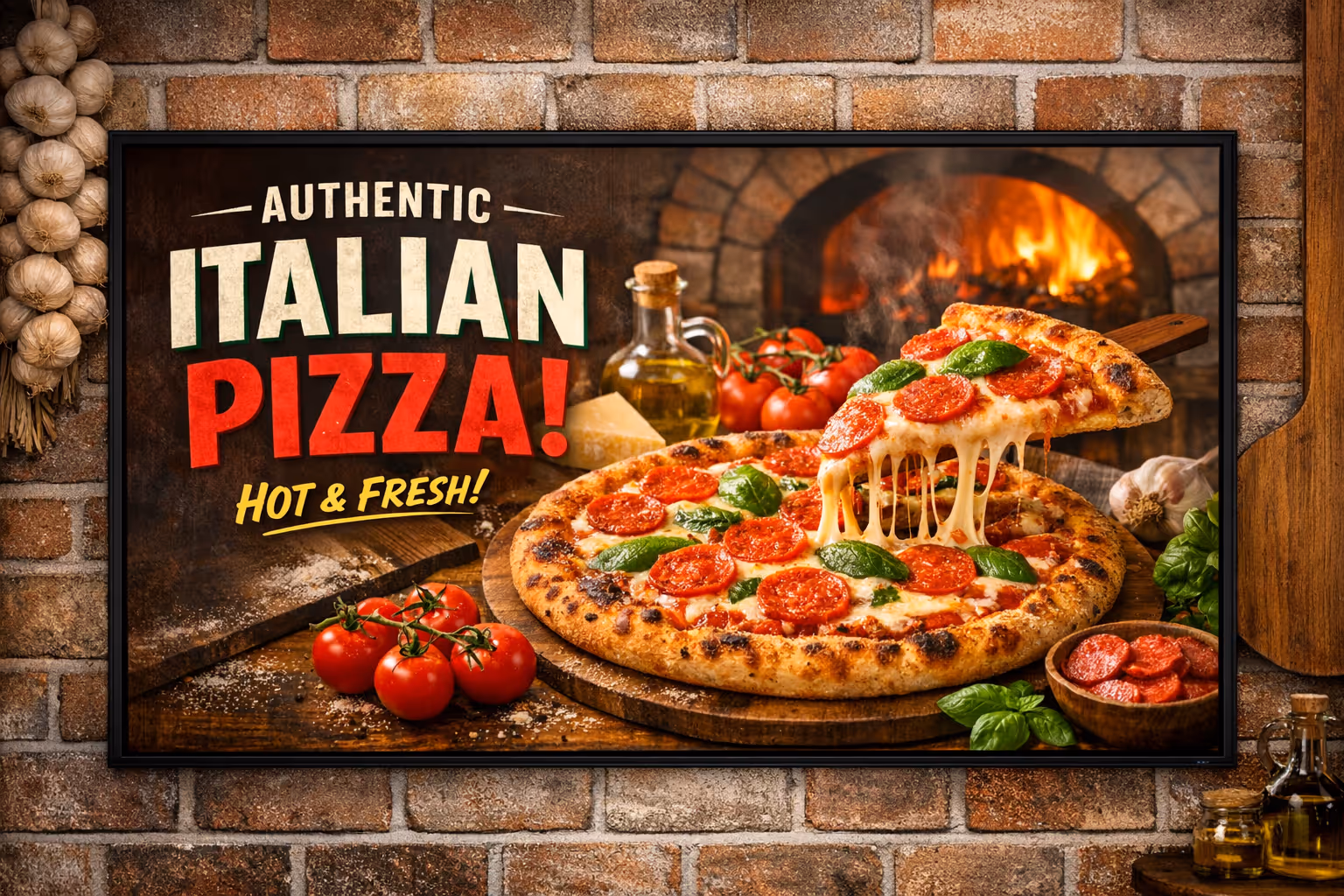 Pizzeria digital signage on in-store menu boards and screens powered by Disign