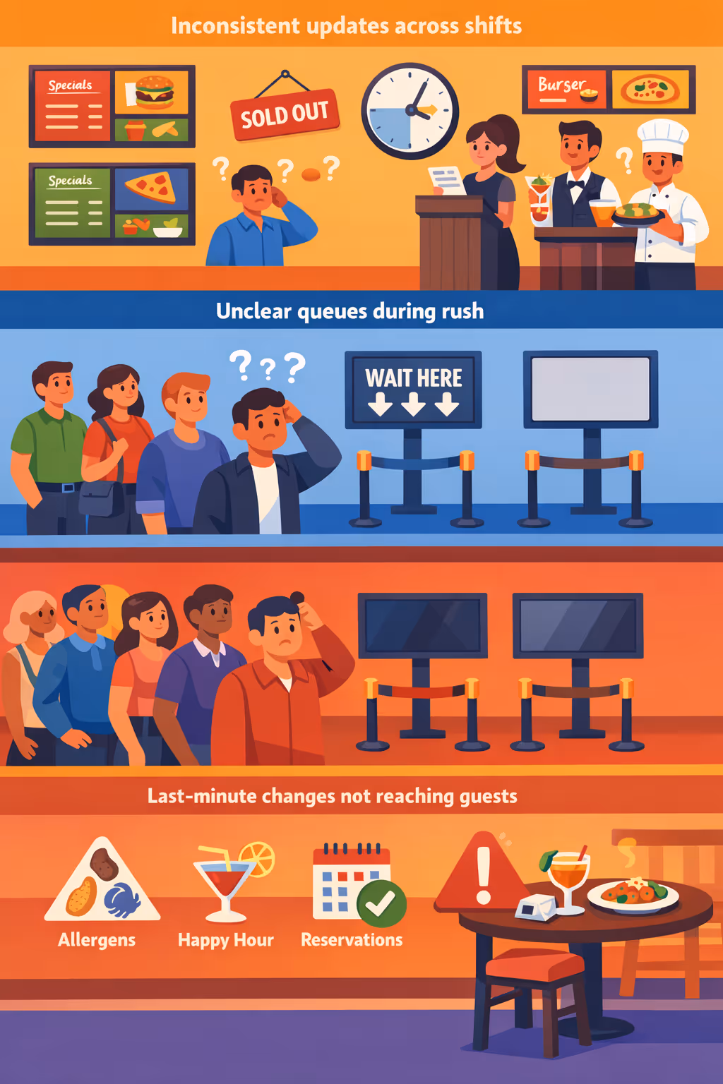 Restaurant, cafe and bar digital signage challenges: unclear queue guidance, inconsistent menu updates, and outdated service information