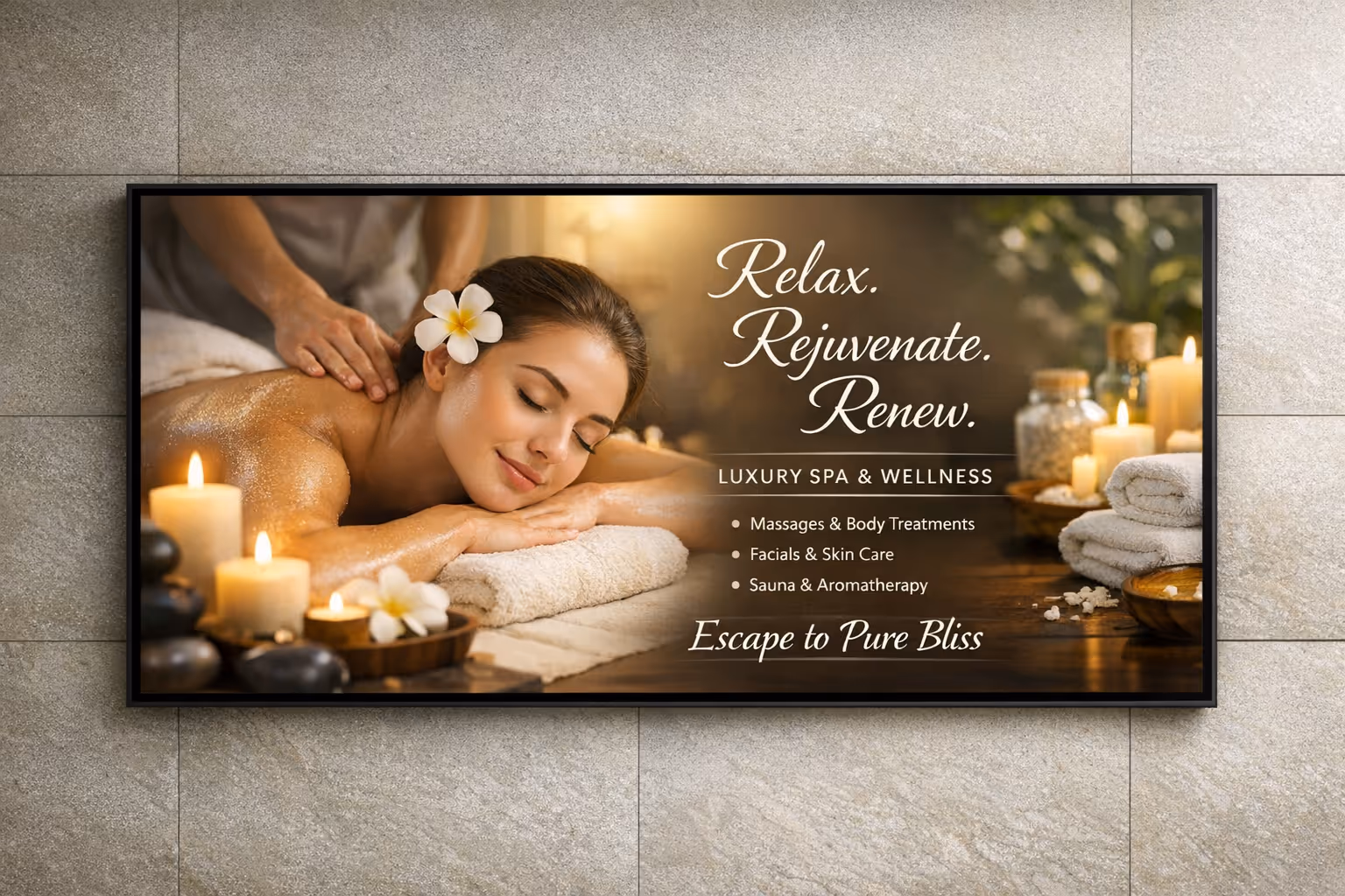 Spa digital signage screens displaying welcome messages, offers, and service updates powered by Disign