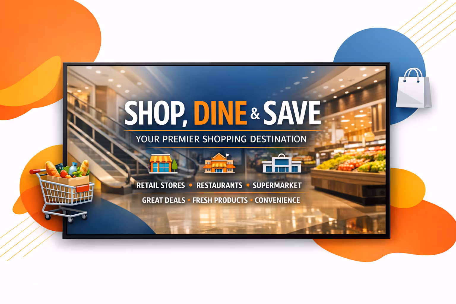Supermarket and shopping mall digital signage showing promotions, pricing, and wayfinding powered by Disign
